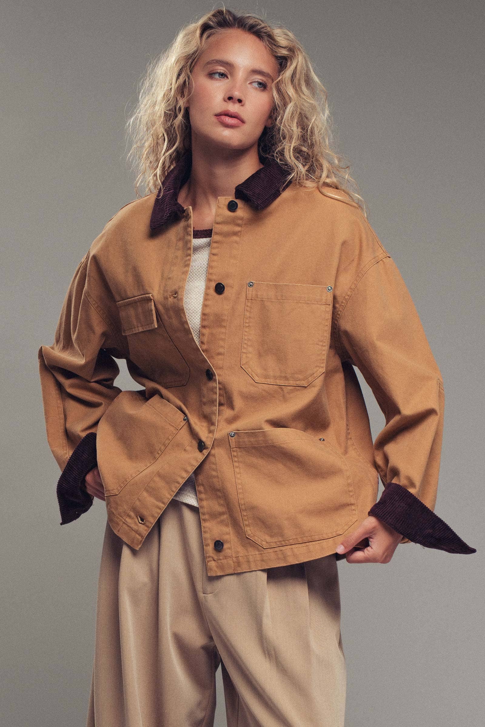 Urban Daizy Utility Contrast Collar Workwear Jacket Camel Jacket - Women's (UDZ-TP-00811) – alternate view 5
