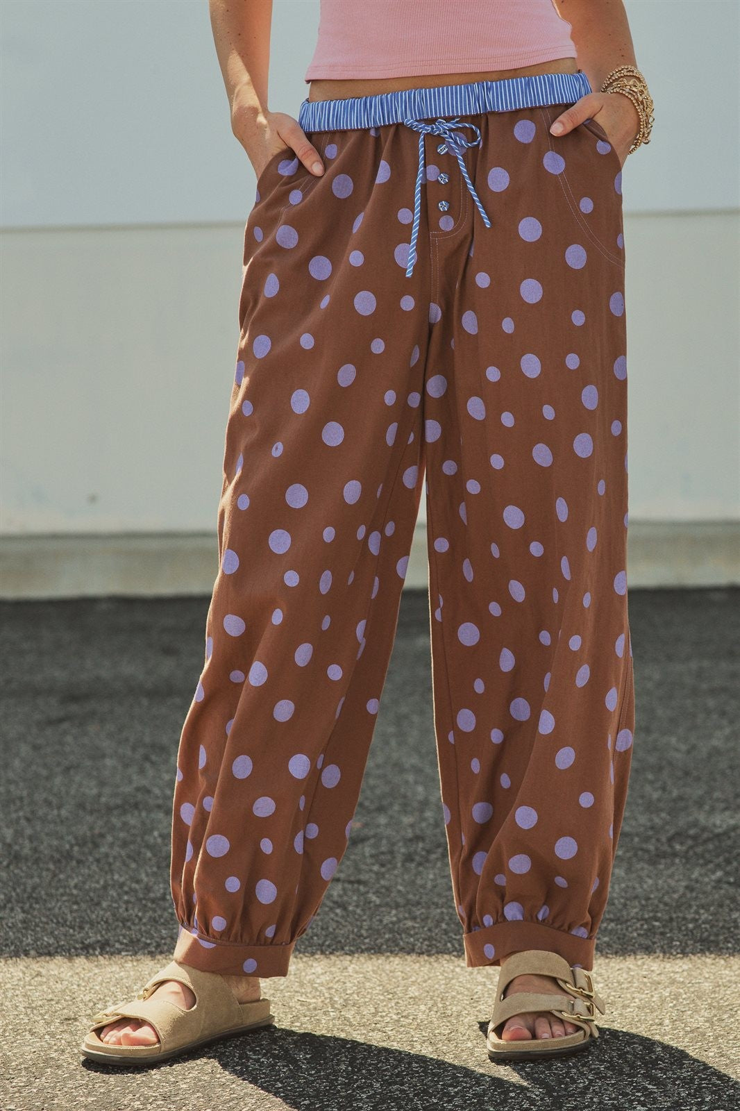 Retro Candy Pop Polka Dot Pants in BROWN BLUE - Women's Pants | Urban Daizy