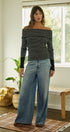 Off-Shoulder Striped Knit Top with Button Cuffs in BLACK - Women's Sweaters | Urban Daizy