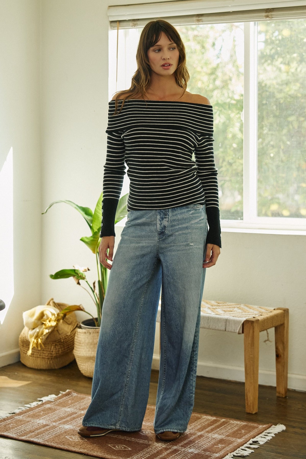 Off-Shoulder Striped Knit Top with Button Cuffs in BLACK - Women's Sweaters | Urban Daizy
