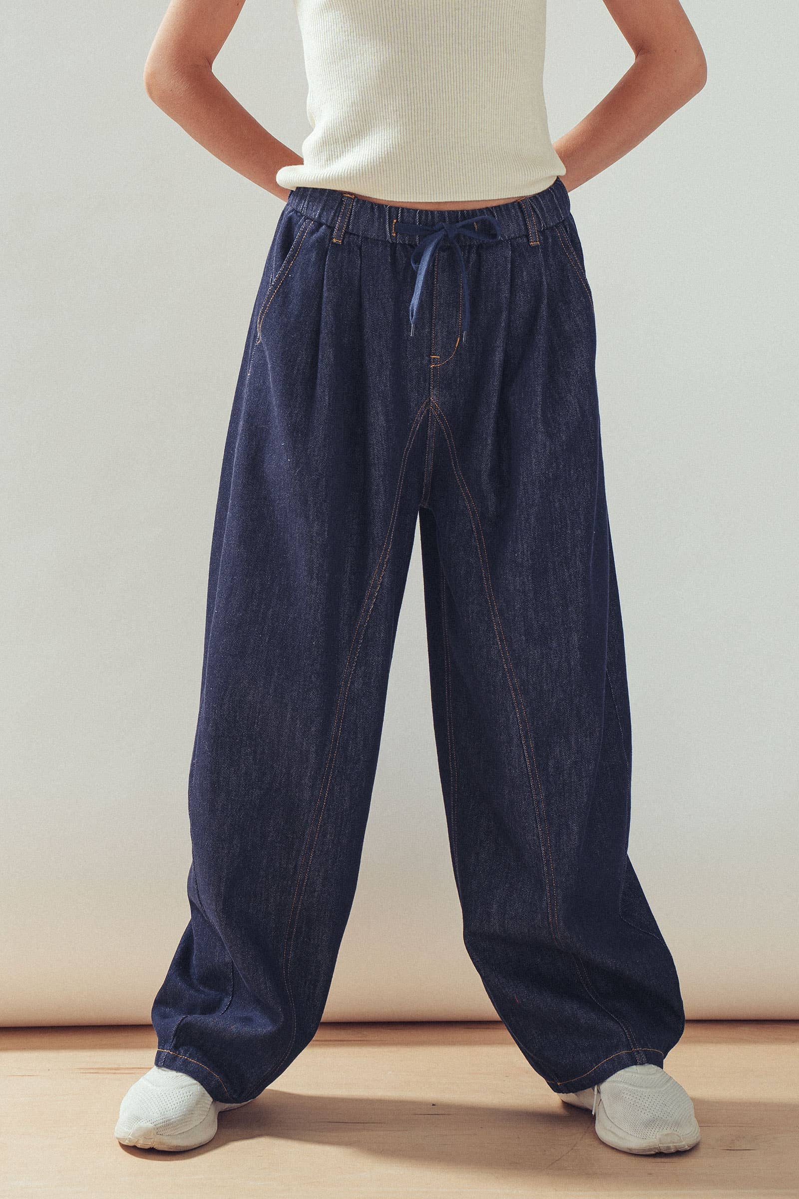 Drawstring Waist Dark Wash Barrel Leg Jeans