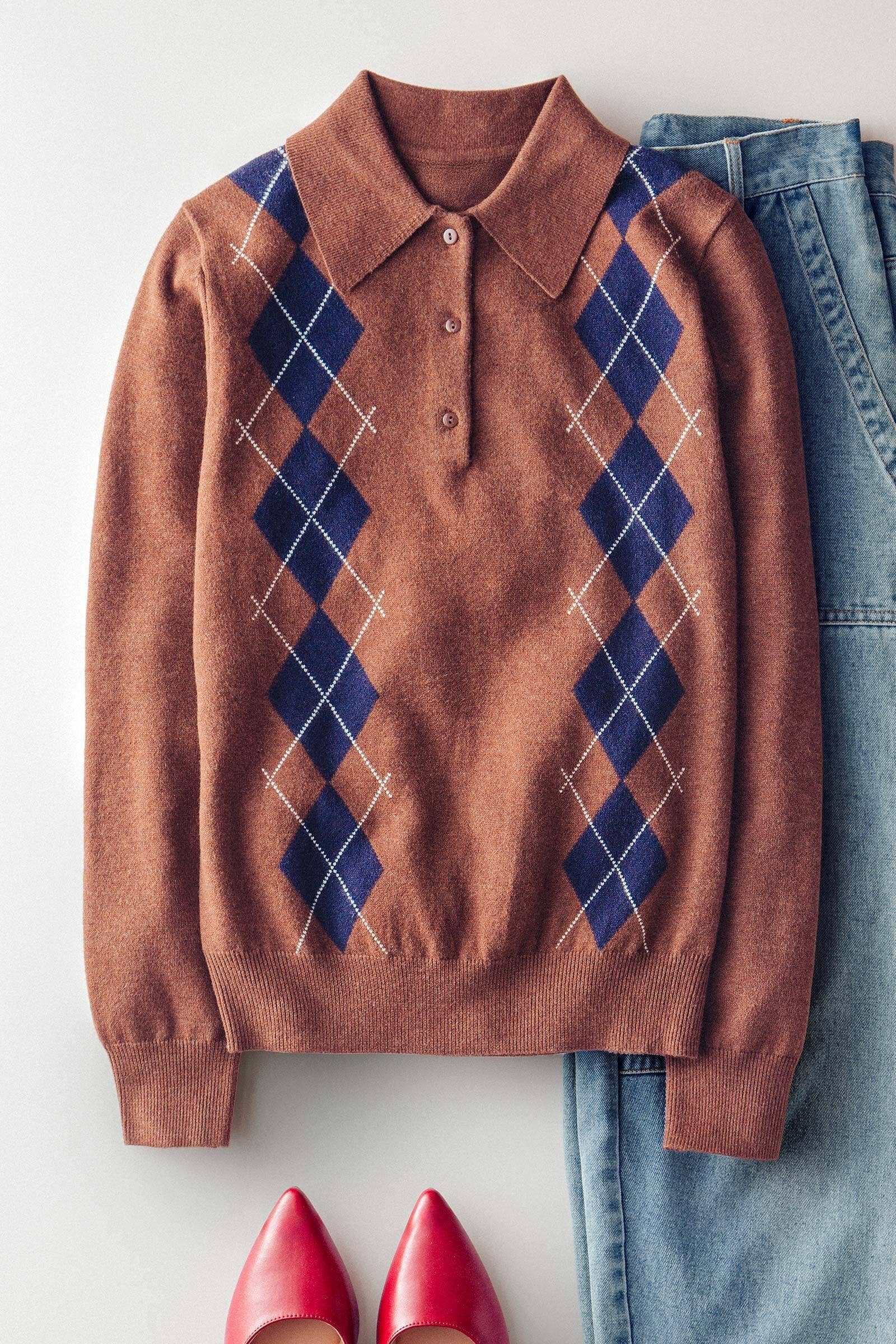 Classic Argyle Knit Polo Sweater
