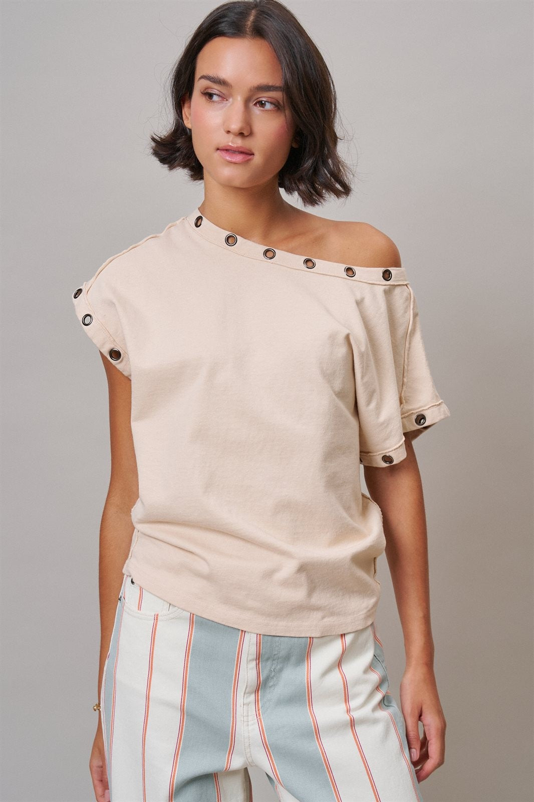 Grommet Trim Washed Cotton Boat Neck Top in CHALK - Women's T-Shirts & Polos | Urban Daizy