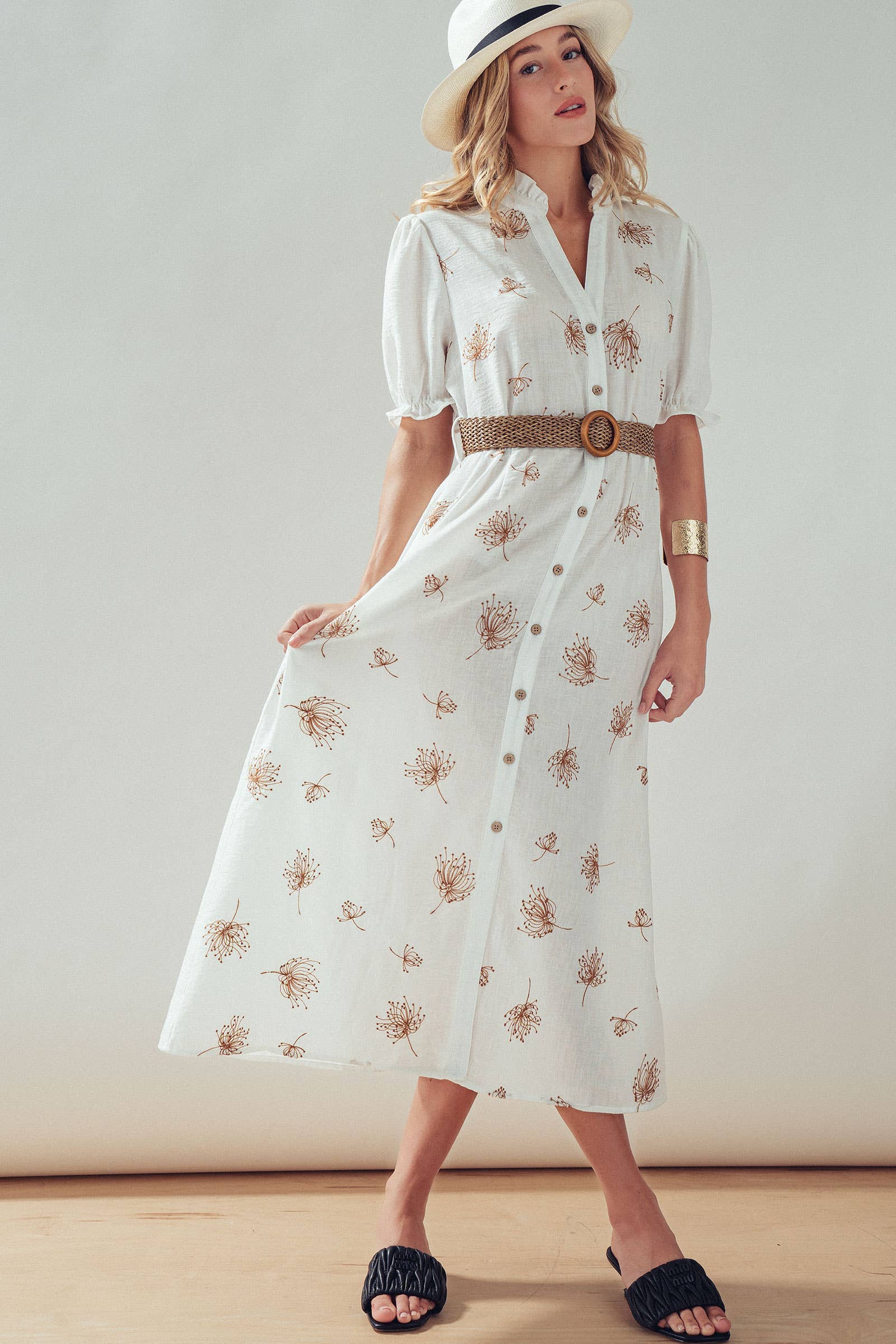 Embroidered Linen Blend Button Front Midi Dress