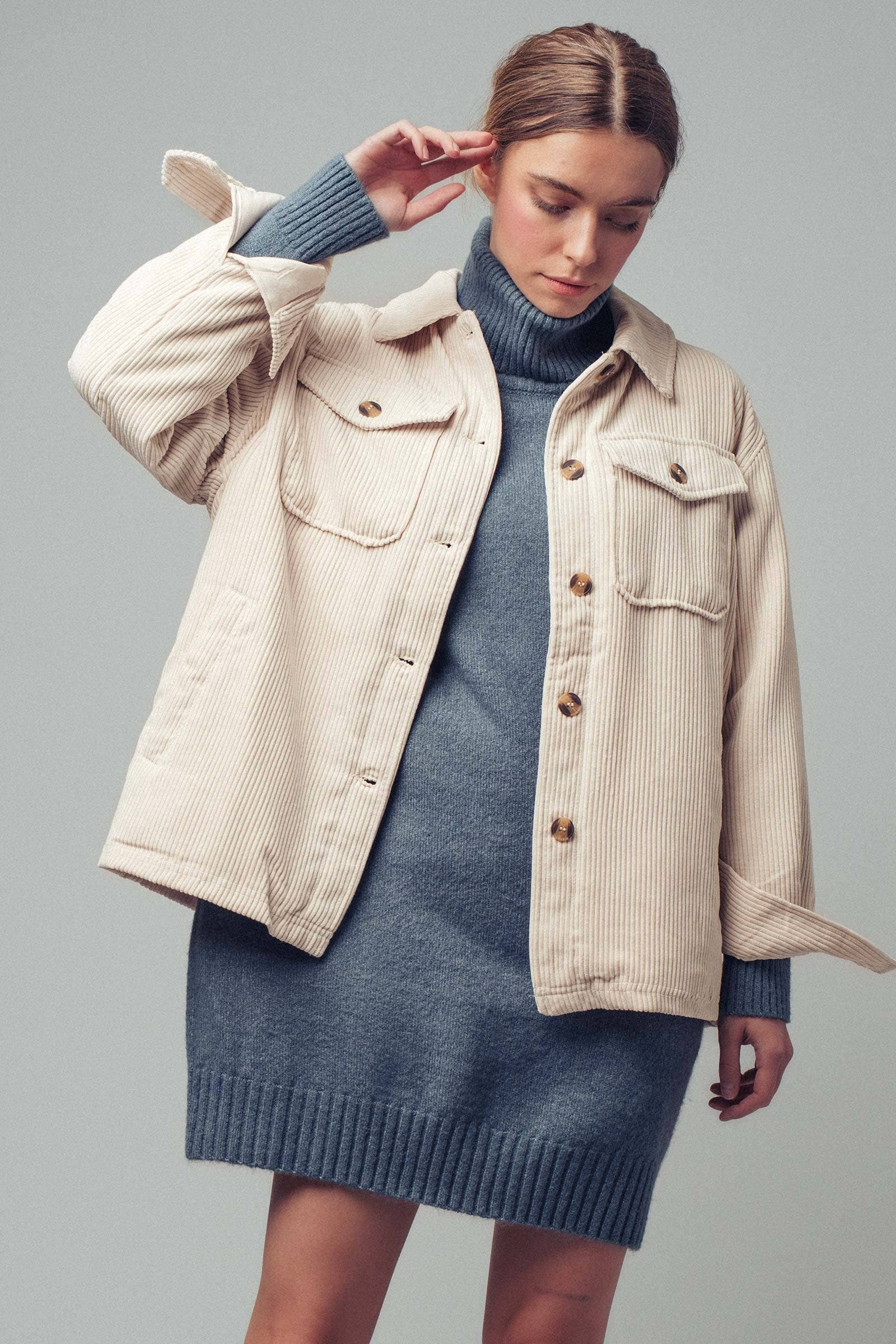 Urban Daizy Oversized Sherpa Lined Corduroy Shacket Beige Shirt Jacket Shacket - Women's (UDZ-OT-00163) – alternate view 8