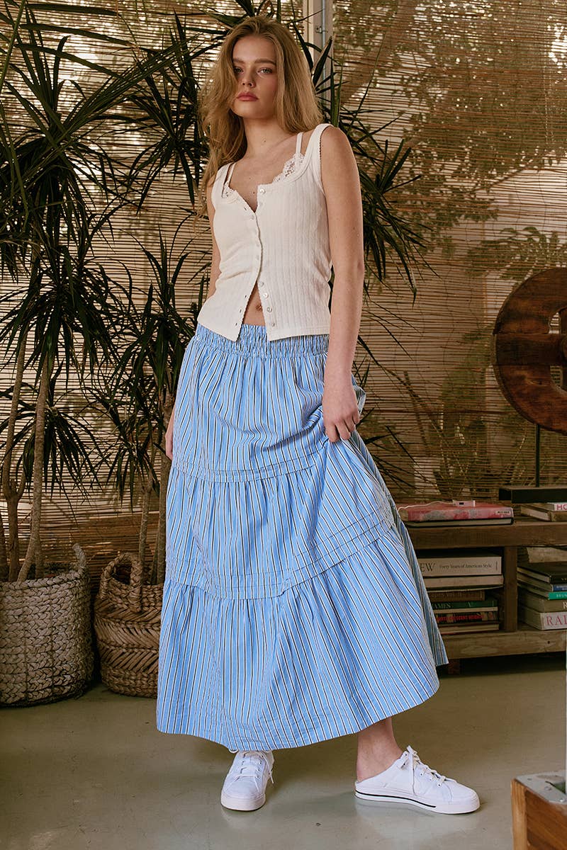 Striped Cotton Tiered Smocked Maxi Skirt