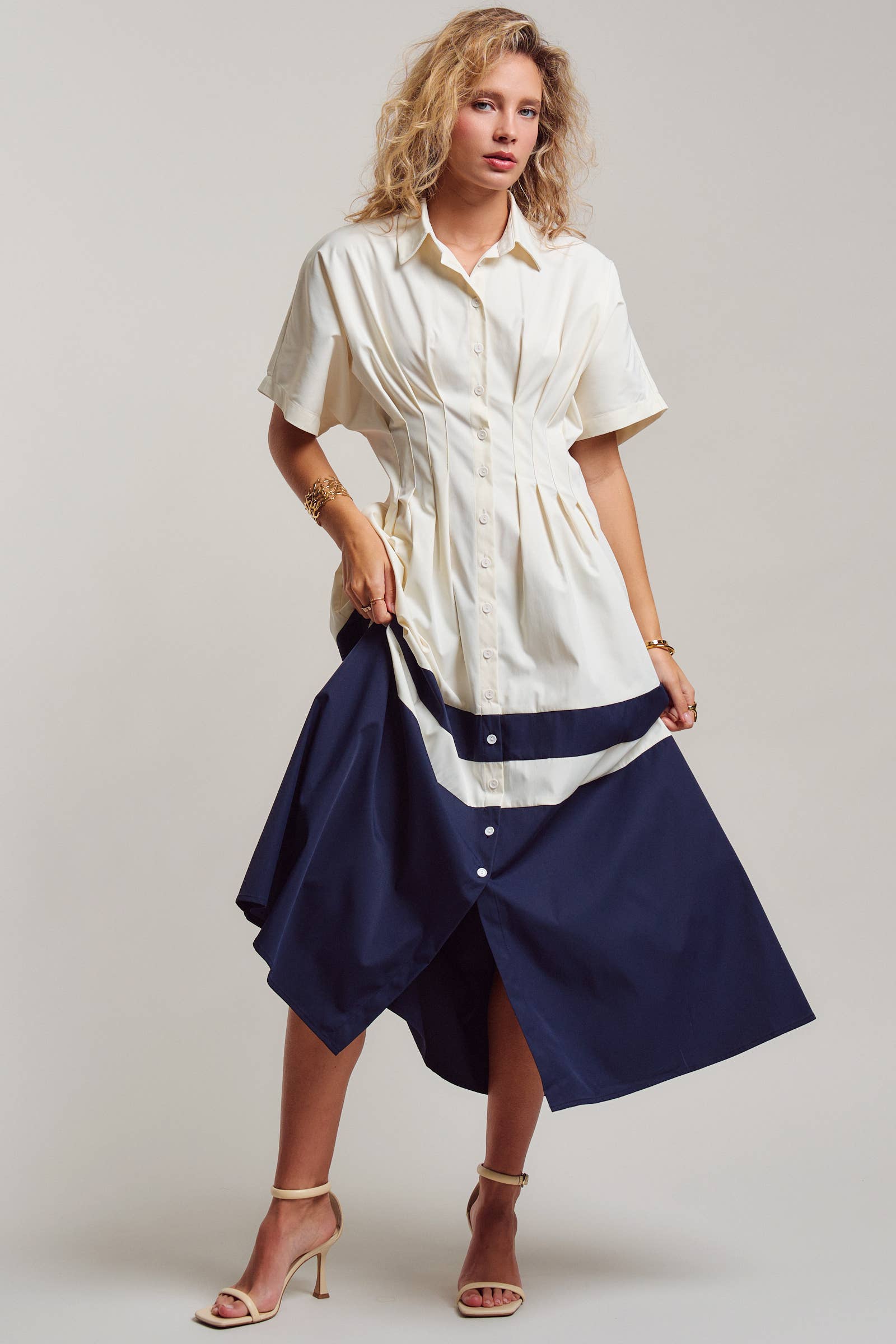 Colorblock Button-Up Cotton Midi Dress