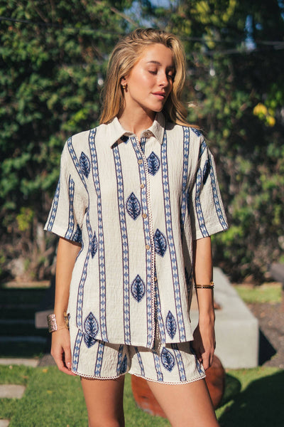 Boho Embroidered Linen Blend Resort Shirt