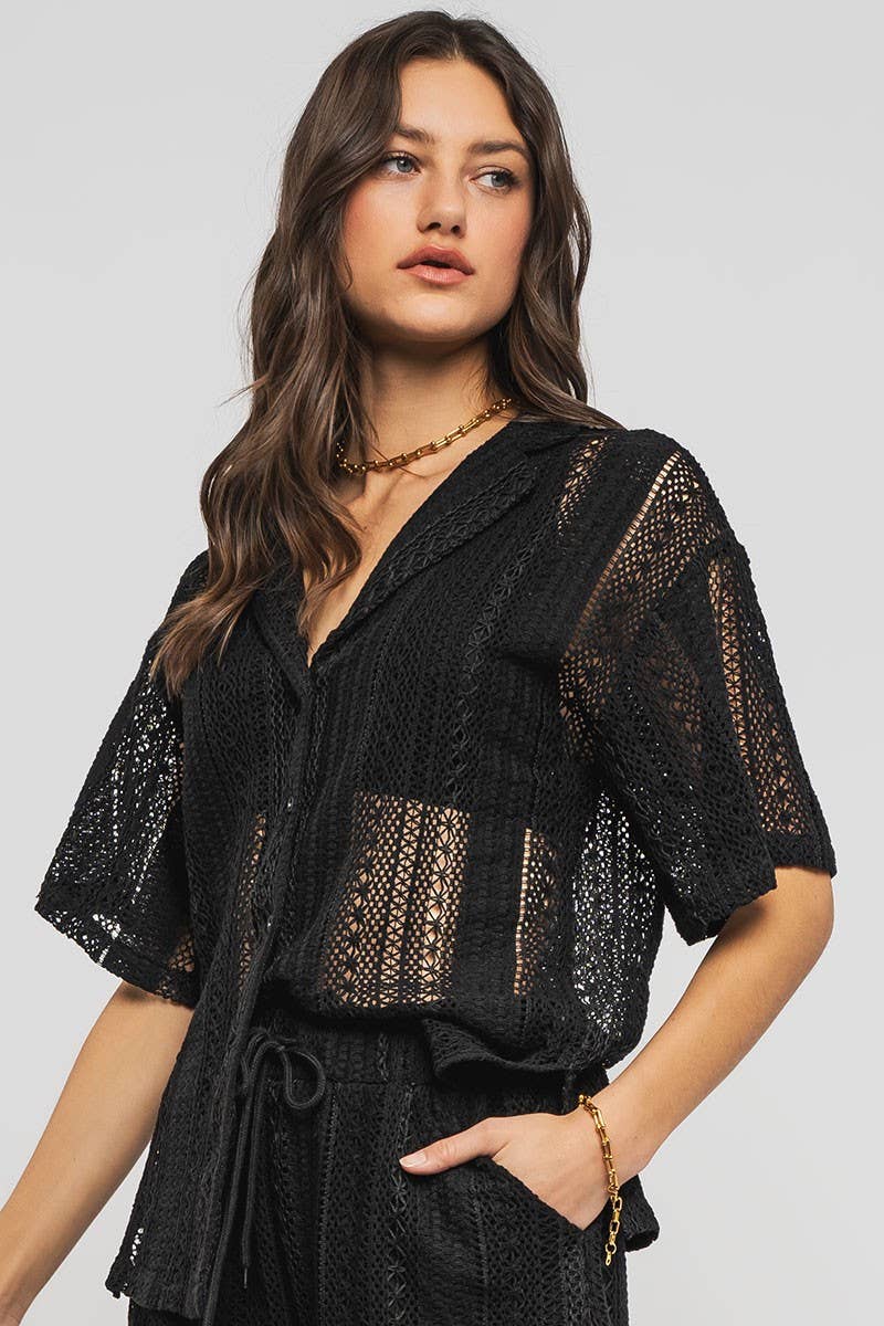 Urban Daizy Open Knit Button-Down Oversized Shirt Black Button Down Shirt - Women's (UDZ-TP-00111) – alternate view 17