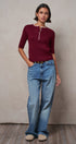 Wool Blend Cable Knit Henley with Contrast Neckline in BURGUNDY - Women's Sweaters | Urban Daizy