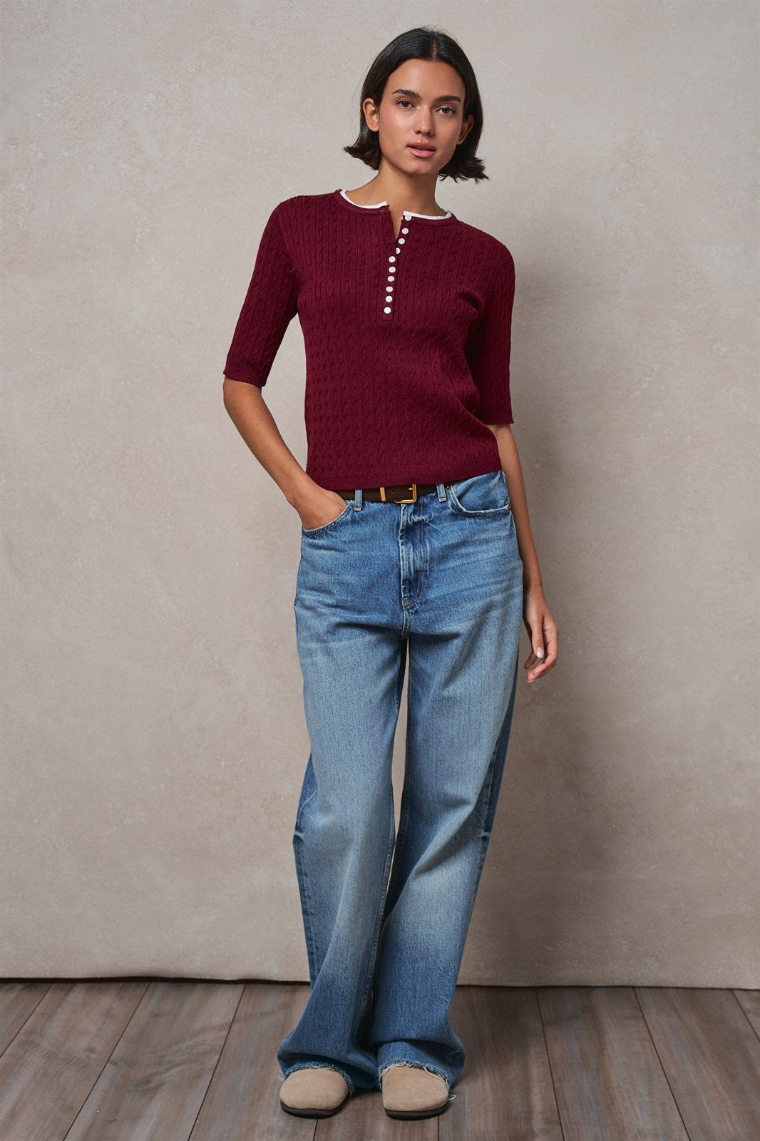 Wool Blend Cable Knit Henley with Contrast Neckline in BURGUNDY - Women's Sweaters | Urban Daizy