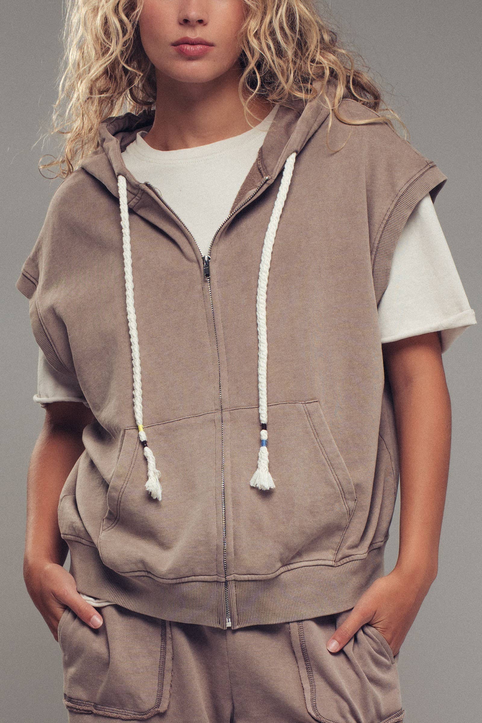 Vintage-Wash Sleeveless Terry Hoodie