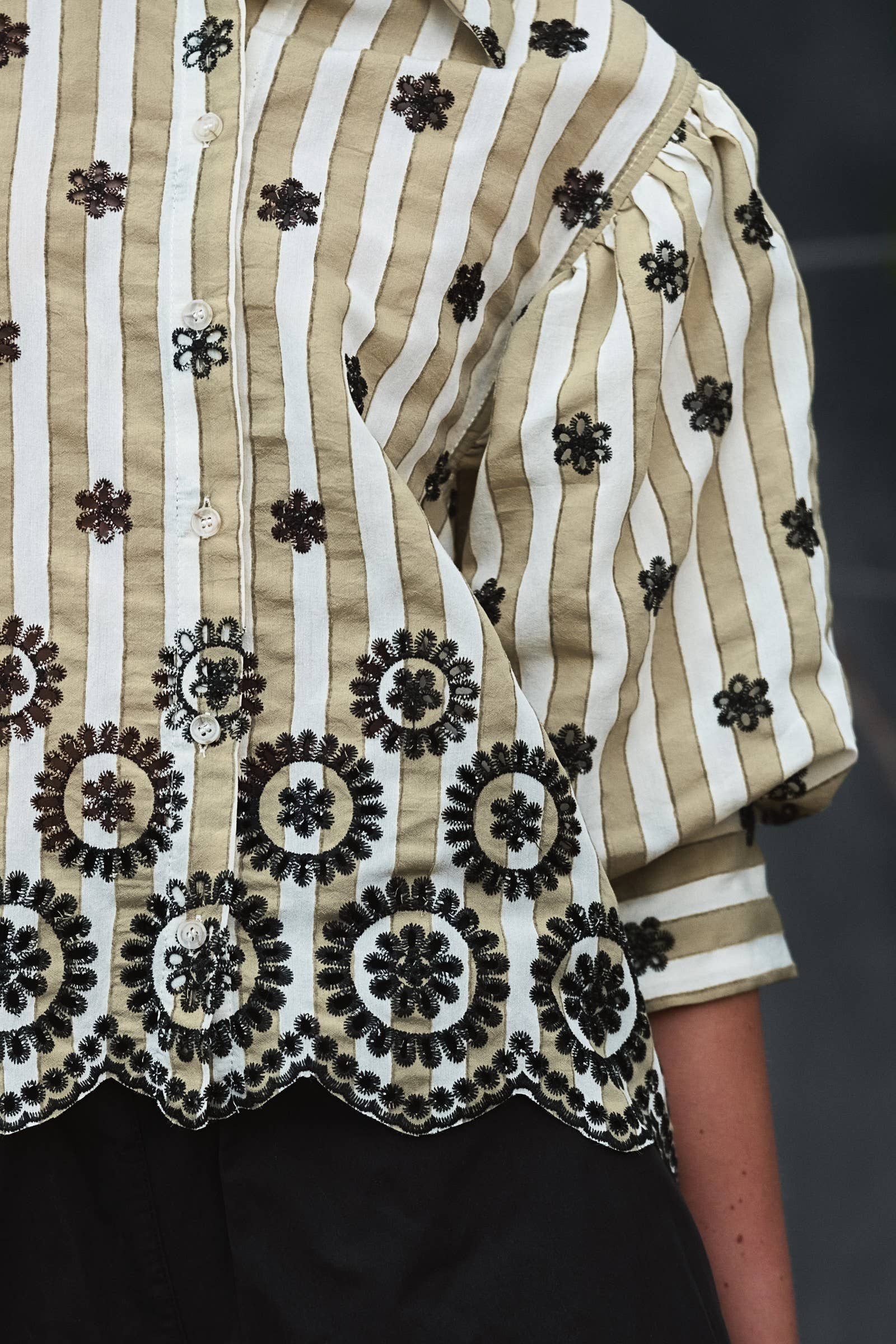 Urban Daizy Striped Floral Embroidered Scallop Blouse Olive Button Down Shirt - Women's (UDZ-TP-00953) – alternate view 8