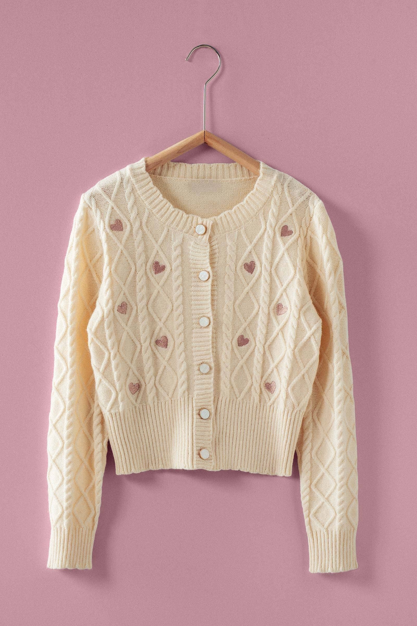 Urban Daizy Cable Knit Heart Embroidered Cardigan Ivory Cardigan - Women's