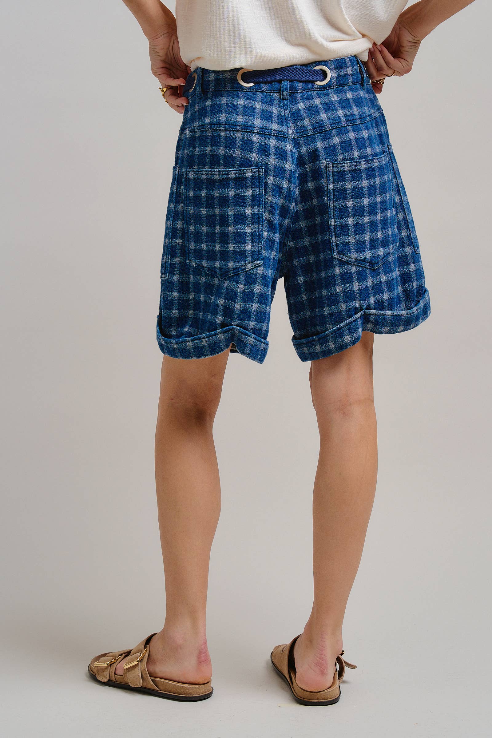 Plaid Cotton Blend Shorts Rope Drawstring