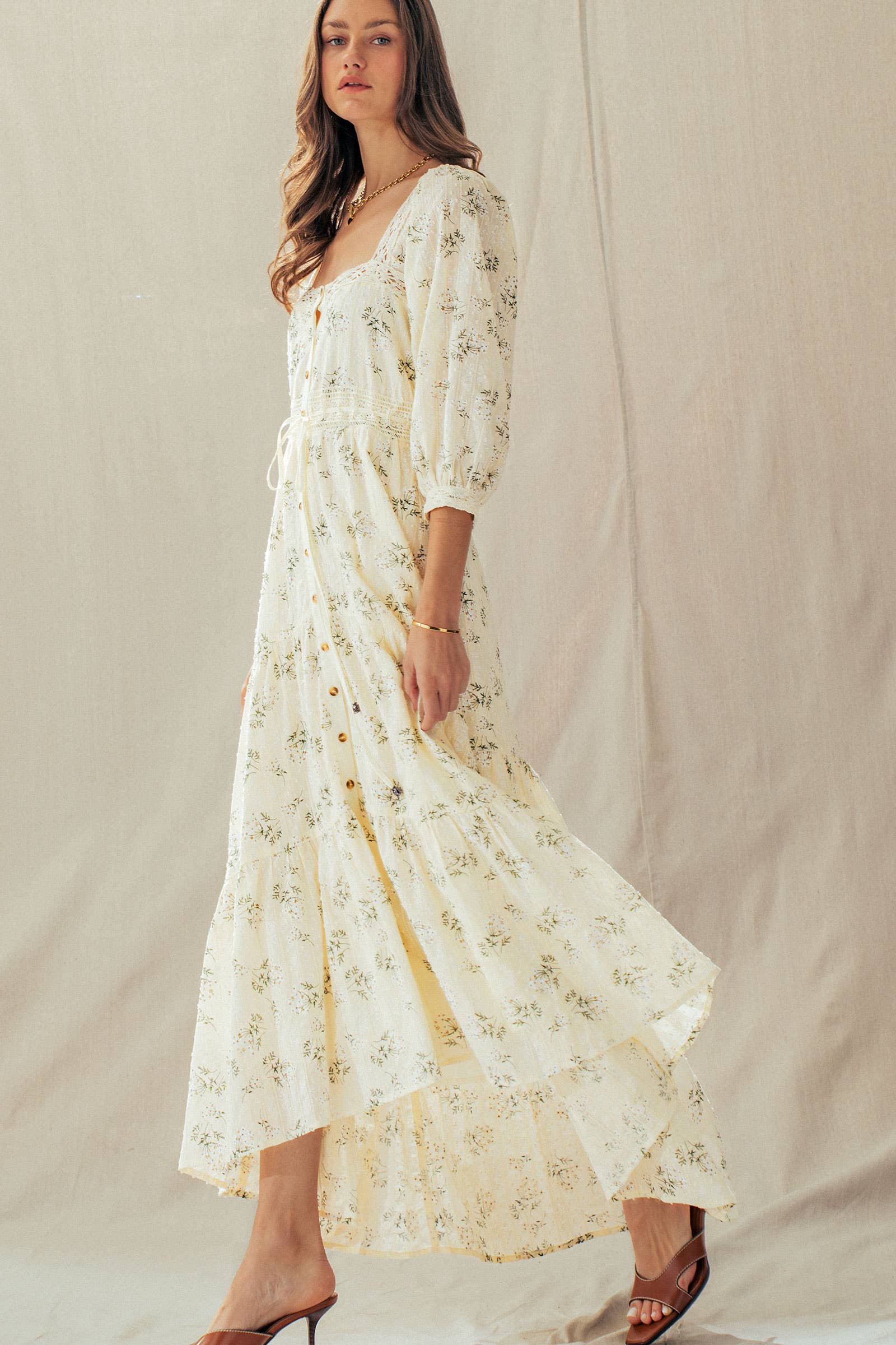 Floral Print Crochet Trim Balloon Sleeve Maxi Dress