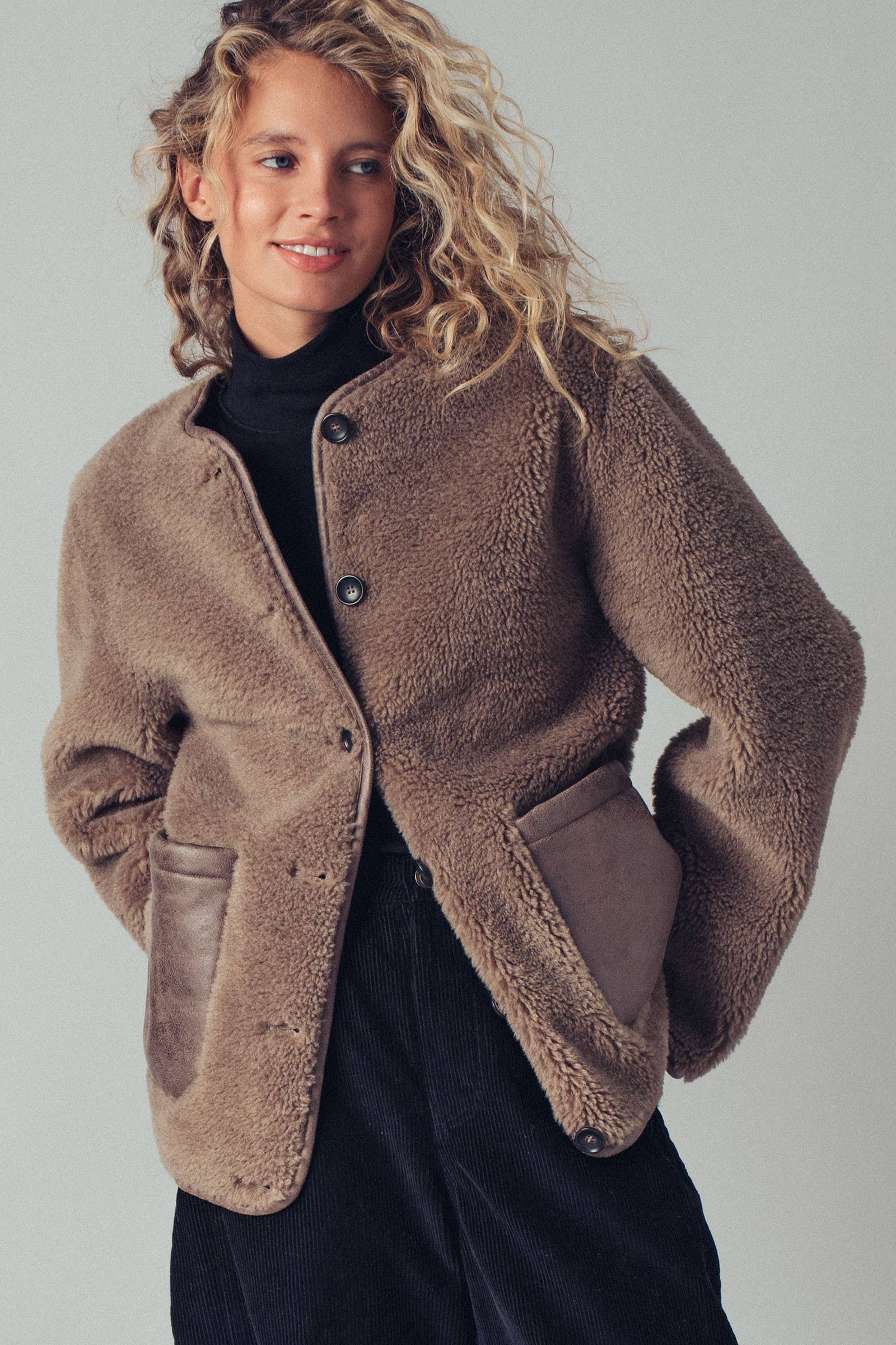 Faux Shearling Jacket with Suede Pockets