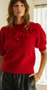 Bow Detail Puff Sleeve Ribbed Knit Sweater in RED - Women's Sweaters | Urban Daizy