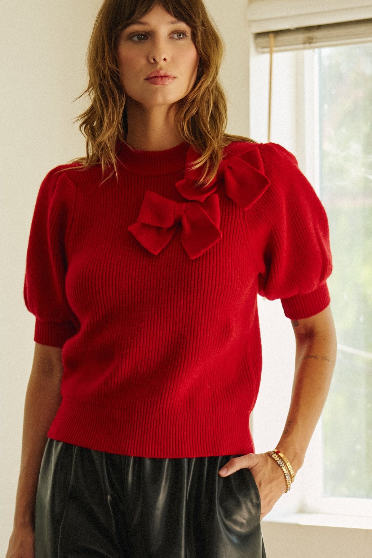 Bow Detail Puff Sleeve Ribbed Knit Sweater in RED - Women's Sweaters | Urban Daizy