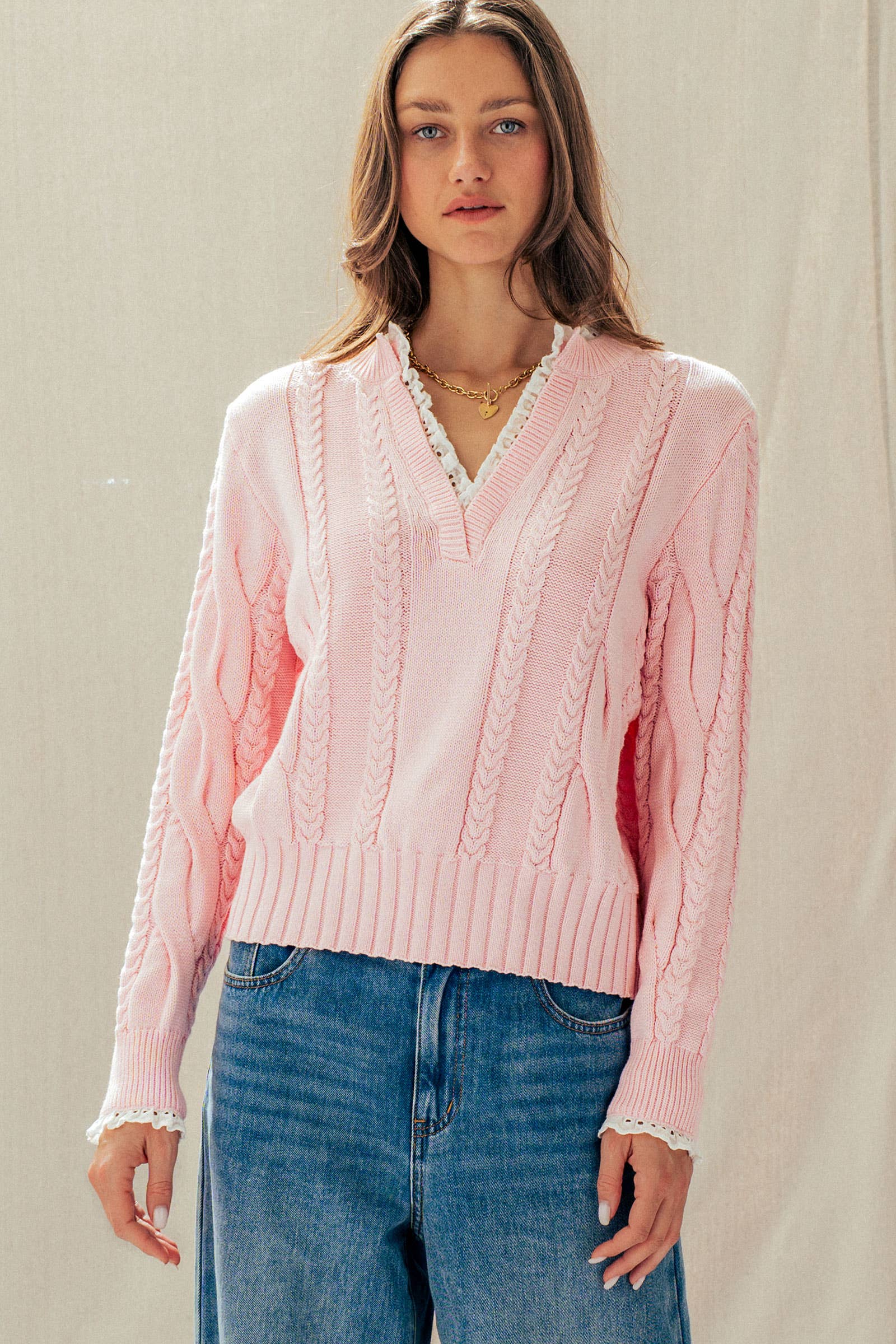 Lace Trim Cable Knit Pullover Sweater
