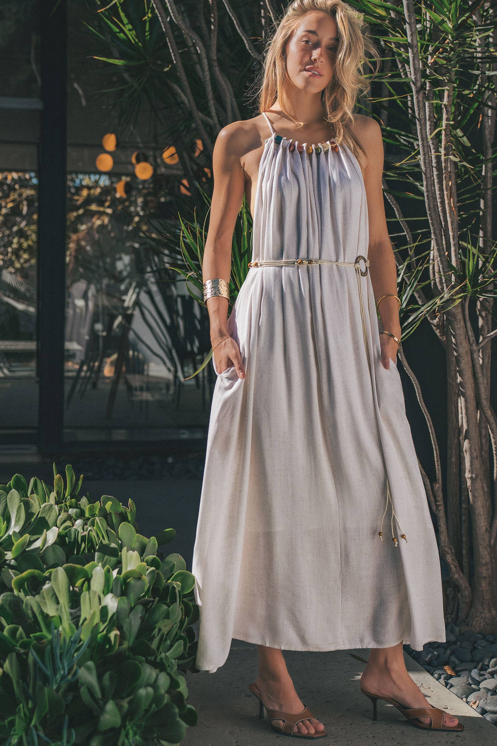 Beaded Halter Neck Linen Blend Maxi Dress