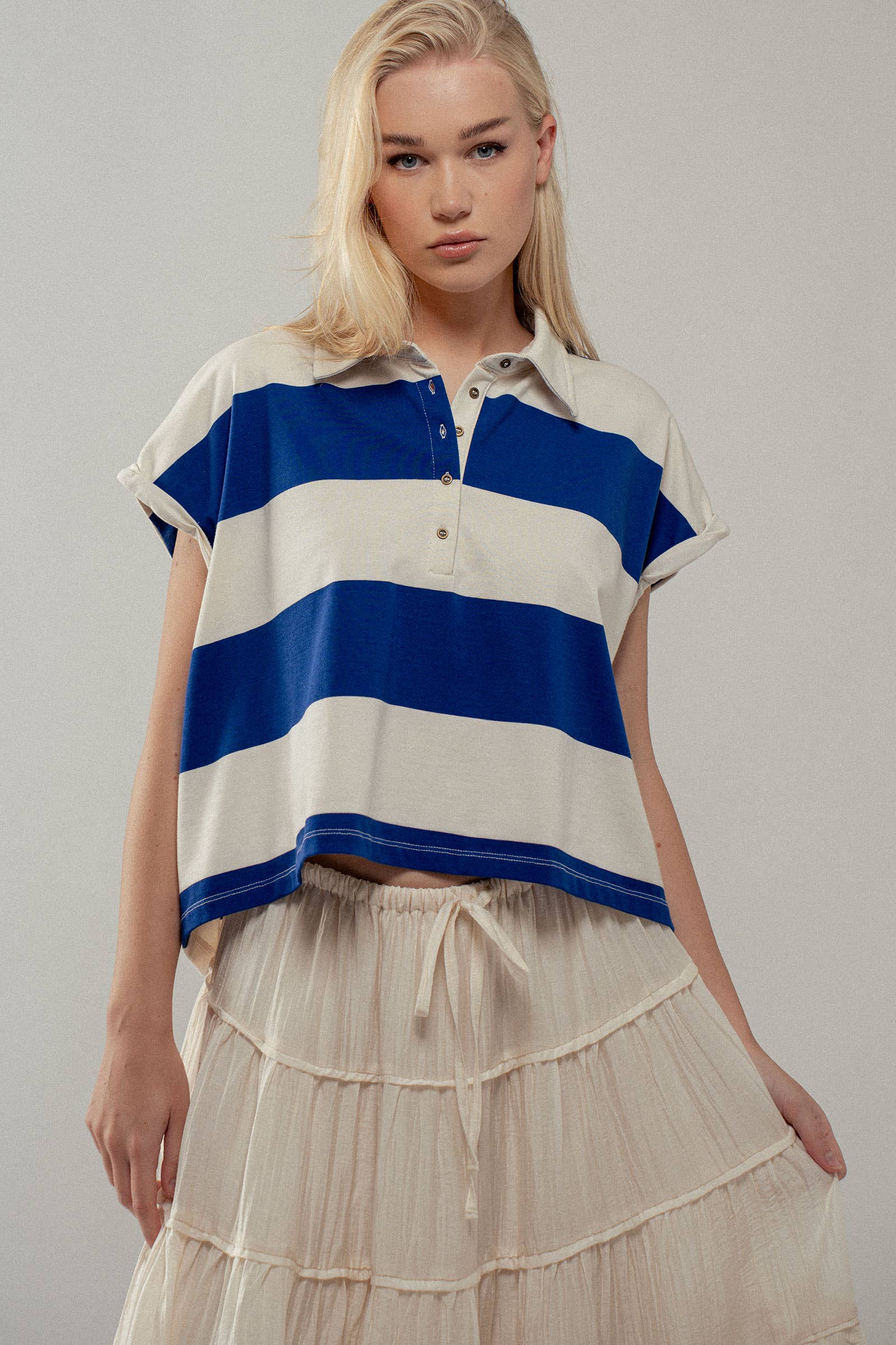 Urban Daizy Bold Striped Dolman Sleeve Polo Shirt Ivory Black Polo - Women's (UDZ-TP-00660) – alternate view 10