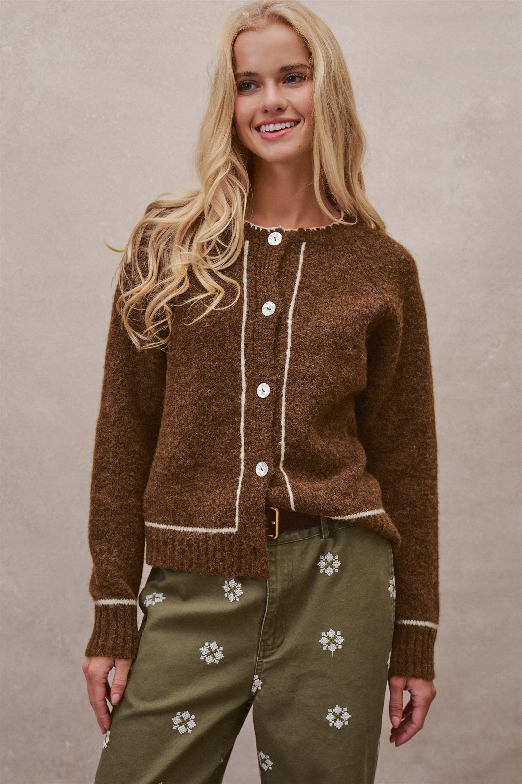 Wool Blend Sweater Cardigan with Statement Buttons in BROWN - Women's Cardigans & Shrugs | Urban Daizy