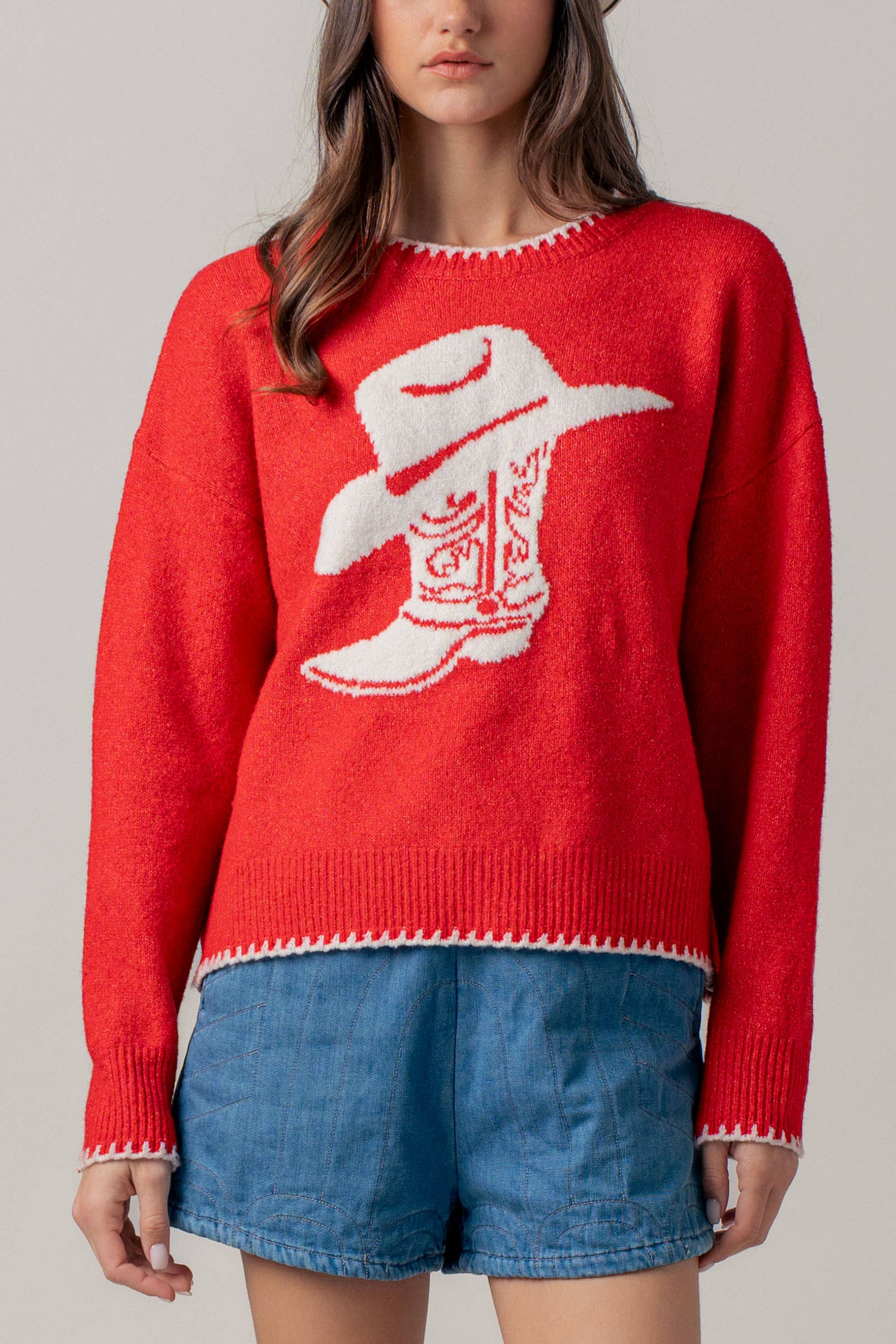 Urban Daizy Cowboy Boot Graphic Knit Sweater Red Knit Sweater - Women's (UDZ-KN-01040)