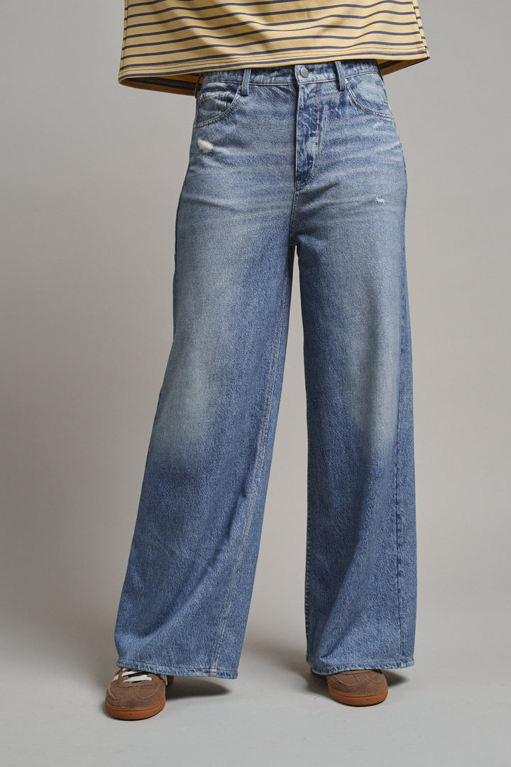 Faux Denim Print French Terry Wide Leg Pants with Flared Hem in DENIM - Women's Casual Pants | Urban Daizy