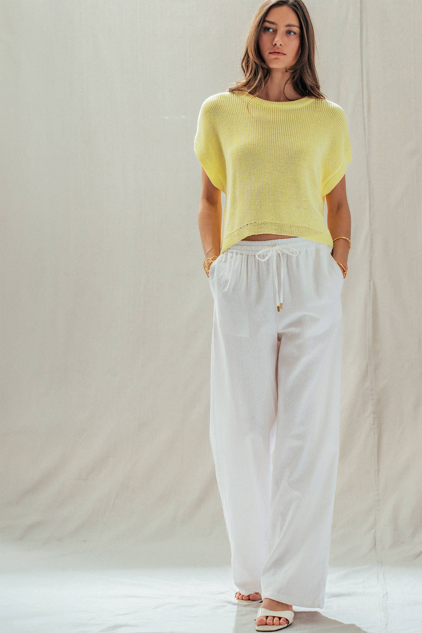 Linen Blend Wide Leg Pants Drawstring Waist