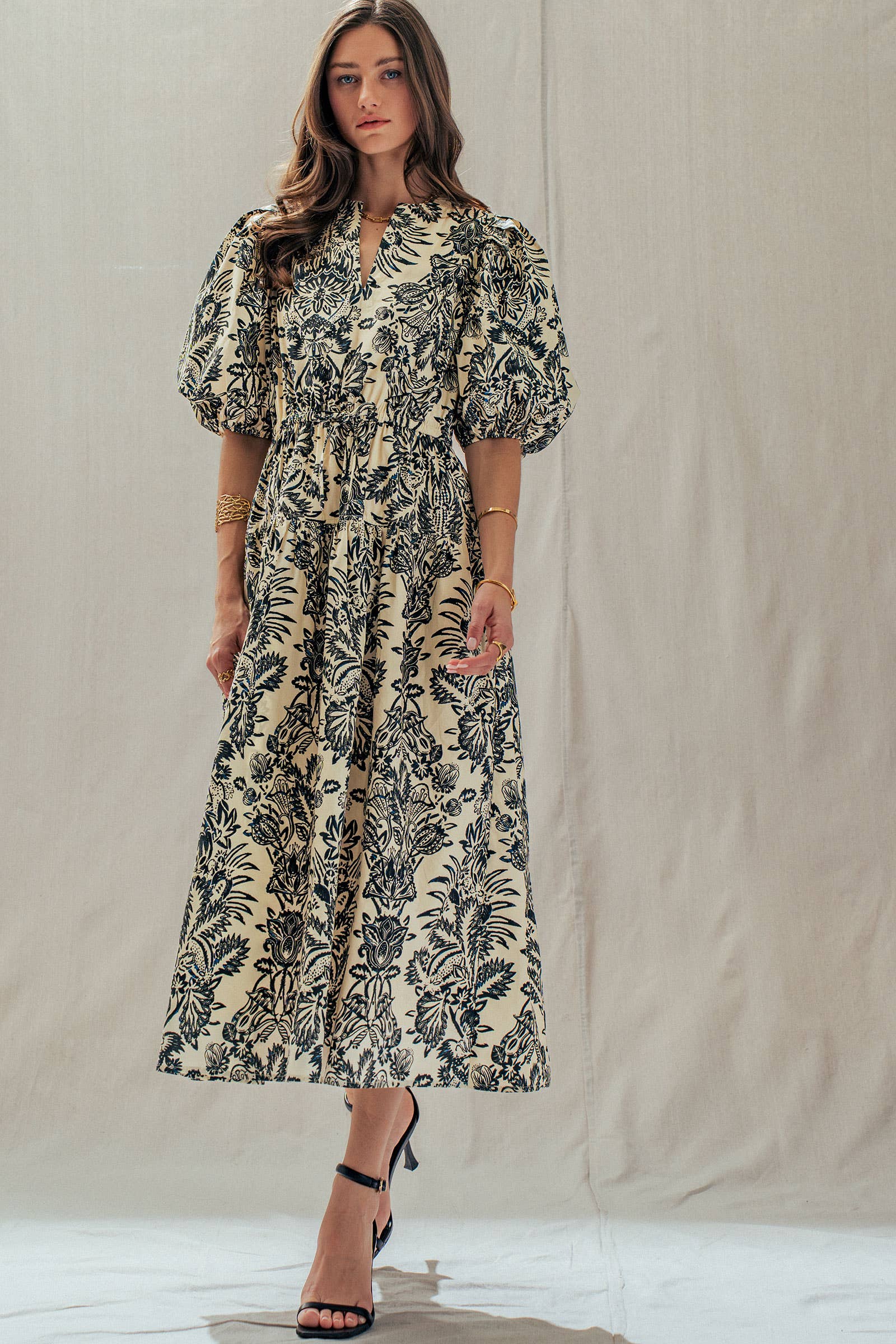 Urban Daizy Botanical Puff Sleeve Cotton Midi Dress Ivory-Black Dress - Women's (UDDR0335-Ivory-Black) – alternate view 8