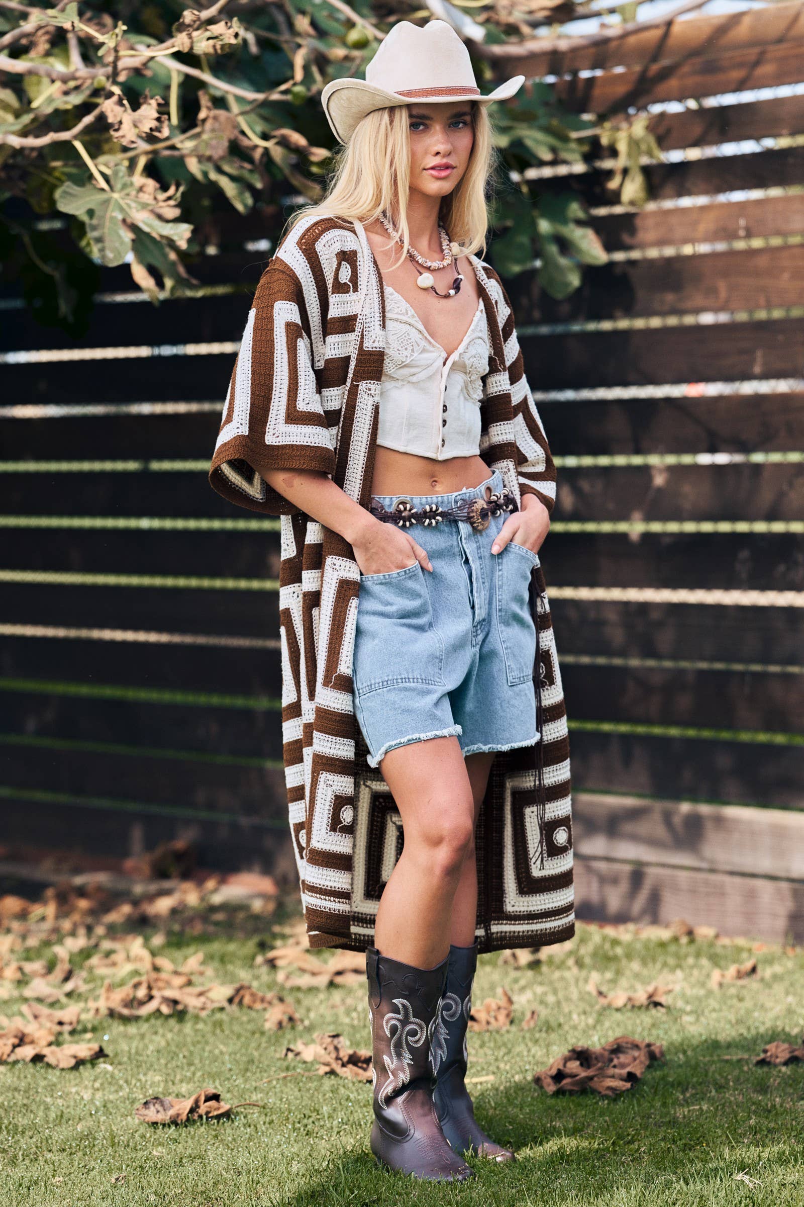 Geometric Granny Square Crochet Open Front Cardigan
