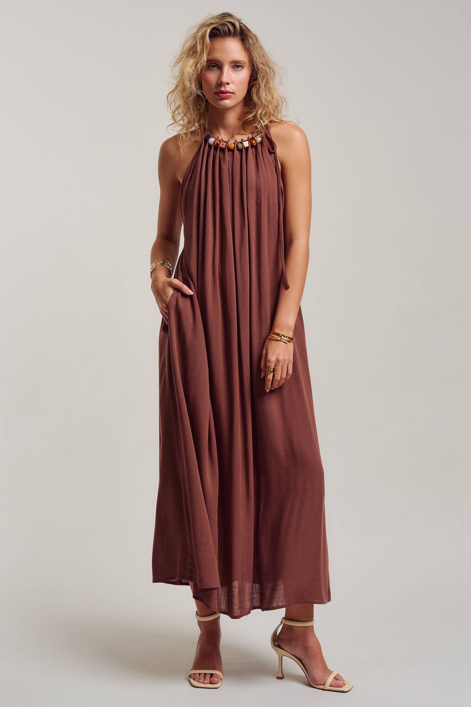 Beaded Halter Neck Linen Blend Maxi Dress