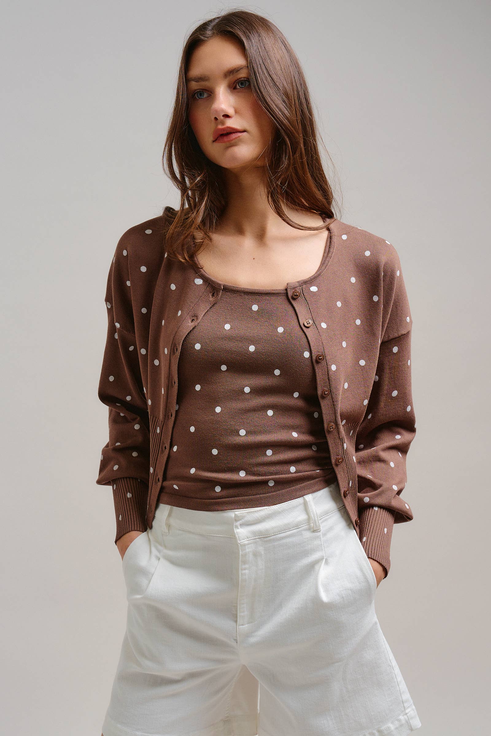 Urban Daizy Polka Dot Button-Front Cardigan MOCHA Cardigan - Women's (TNOW1380-MOCHA) – alternate view