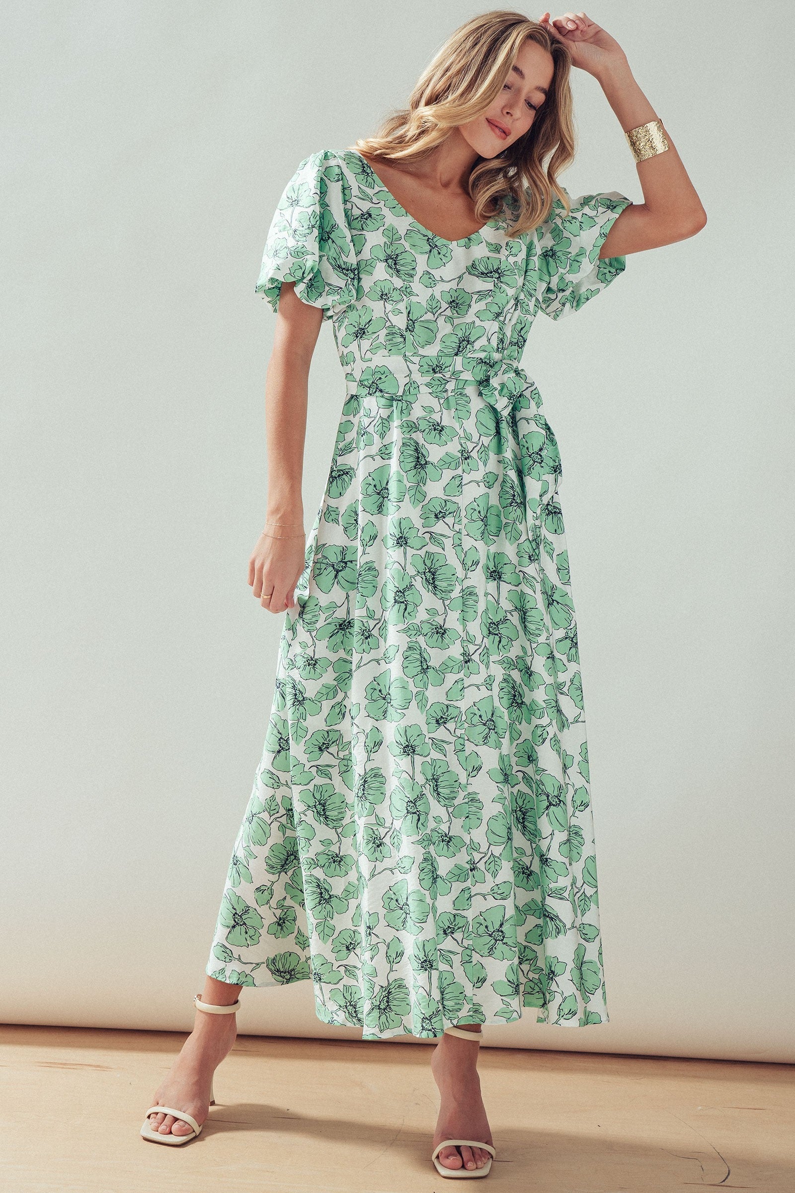 Green Floral Puff Sleeve Midi Dress
