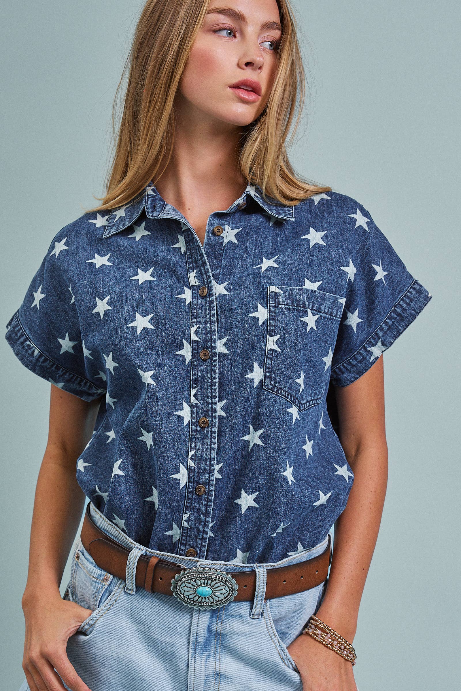 Star Print Chambray Short Sleeve Button Down