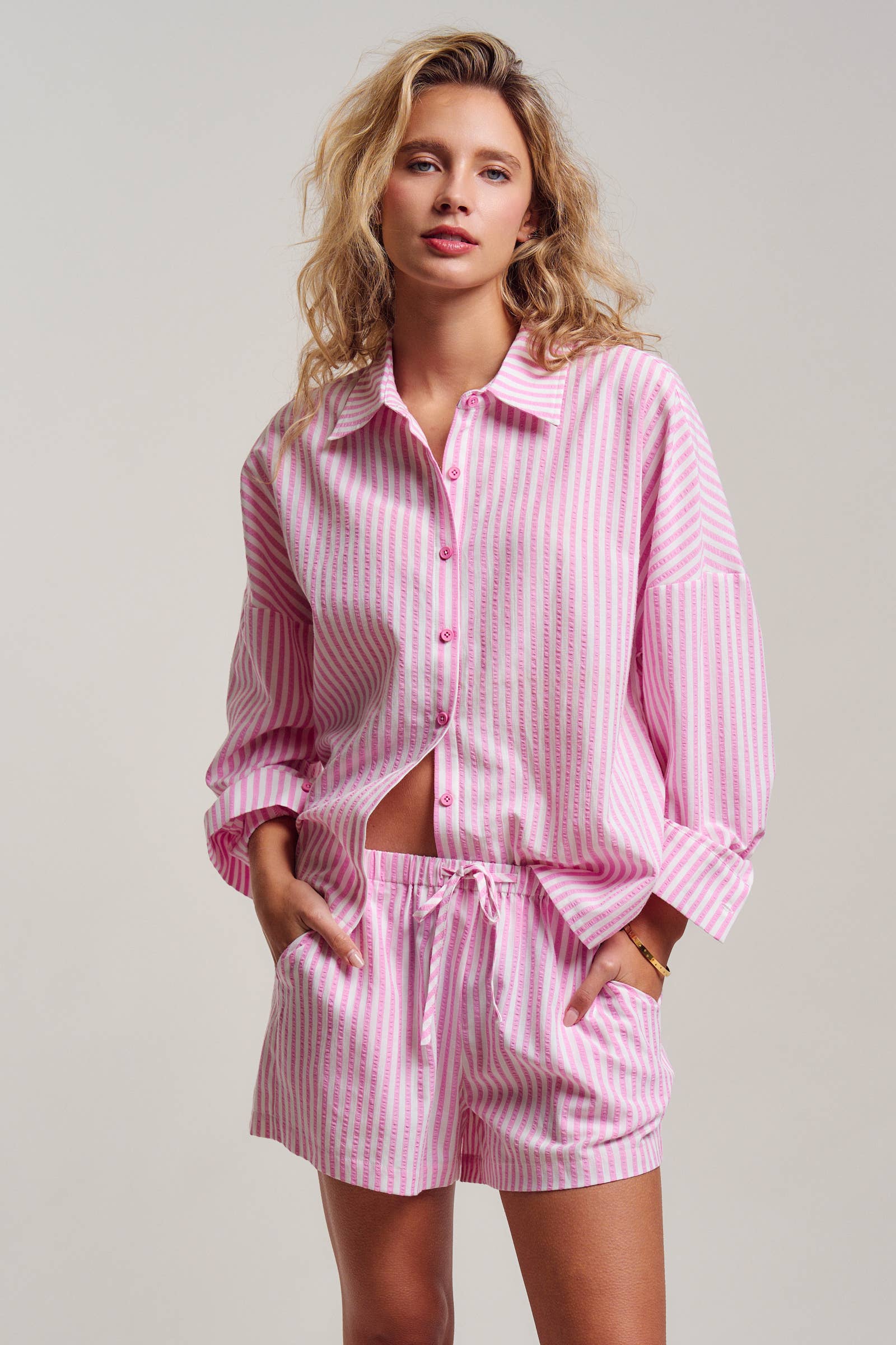 Urban Daizy Striped Seersucker Button-Down Shirt & Shorts Set Blue Lounge Set - Women's (UDST0148-Blue) – alternate view 7