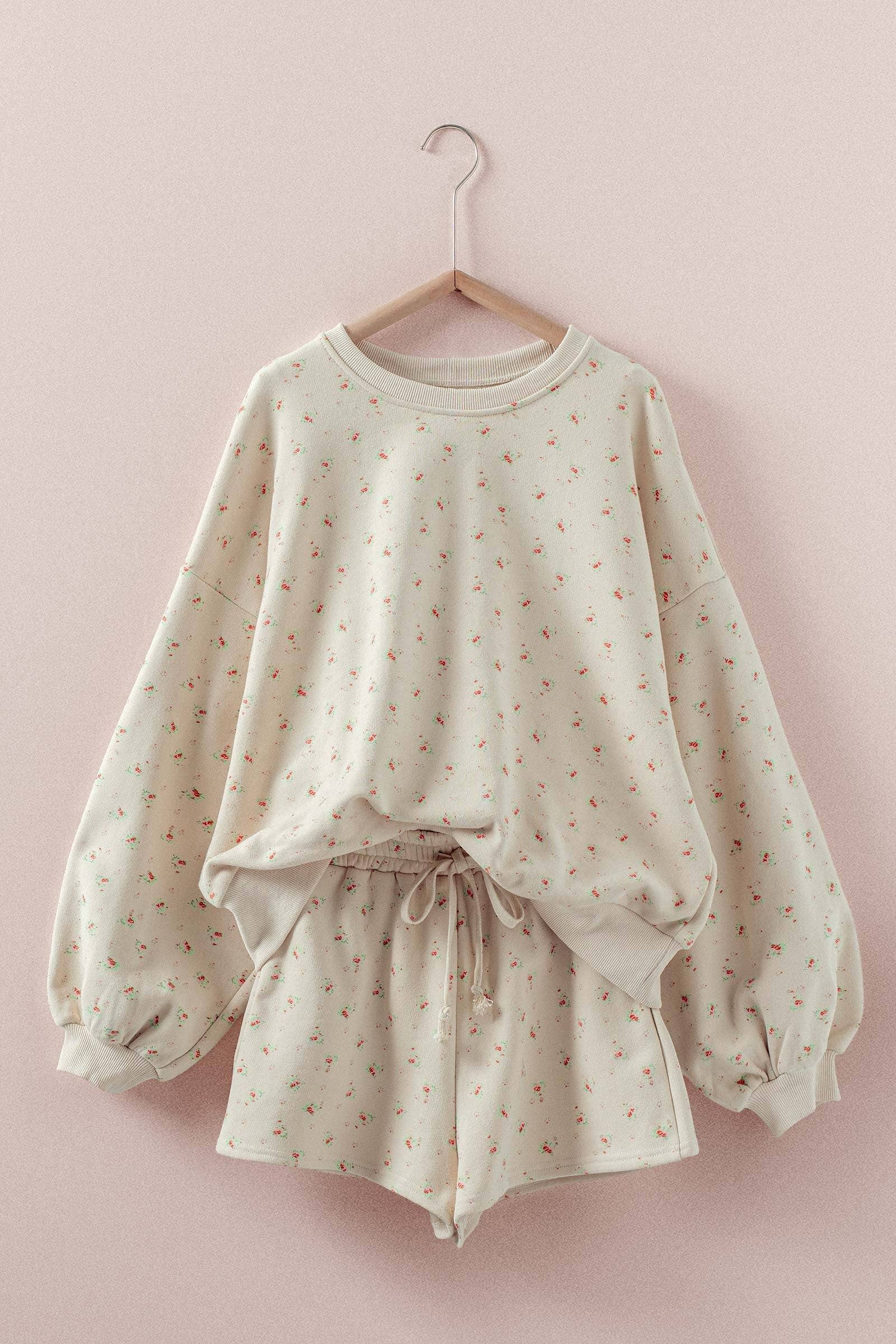 Urban Daizy Floral Balloon Sleeve Sweatshirt and Shorts Set Creamy-Beige Lounge Set - Women's (UDZ-AC-00210) – alternate view 7