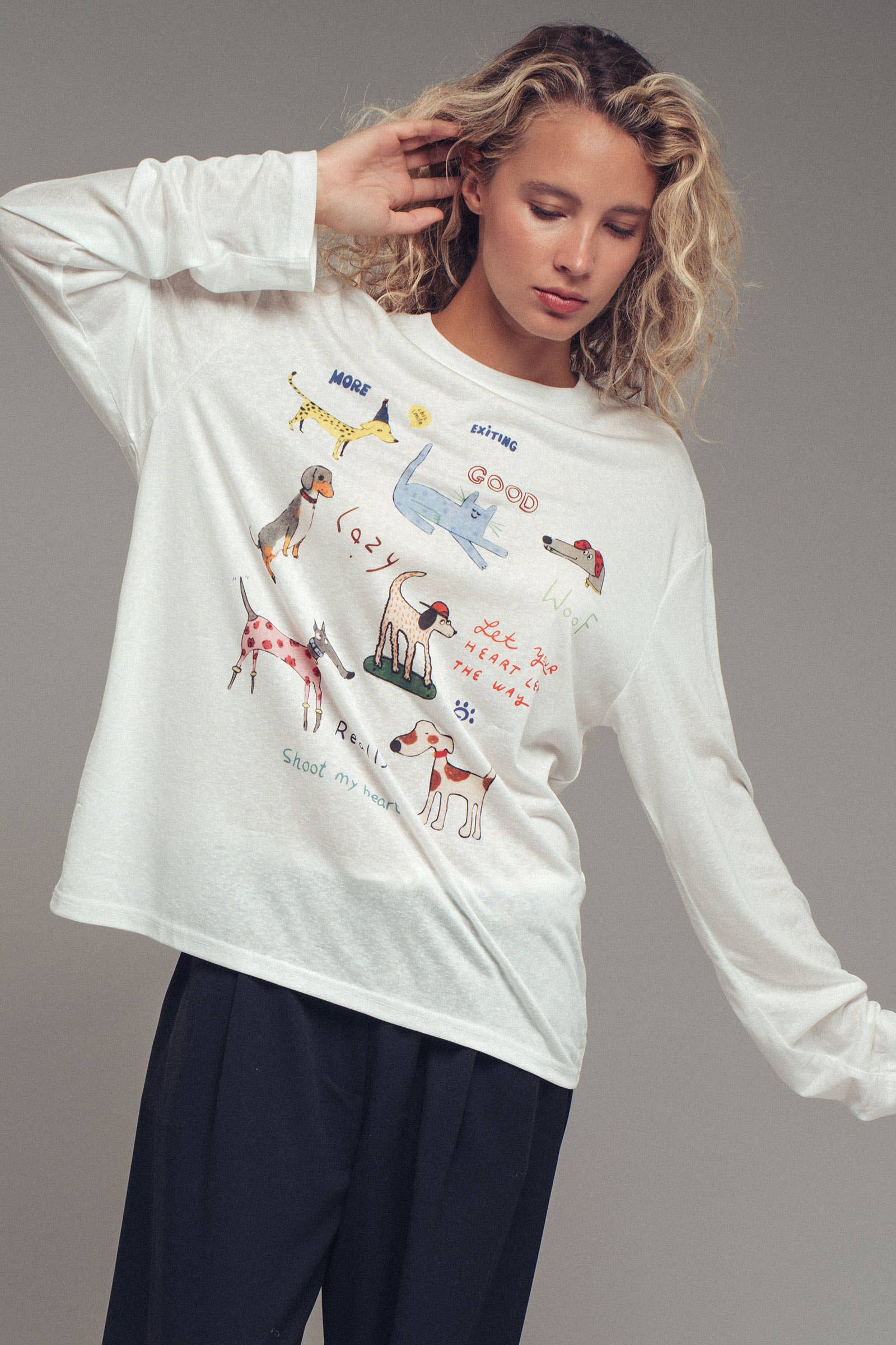 Whimsical Dog Graphic Long Sleeve Top