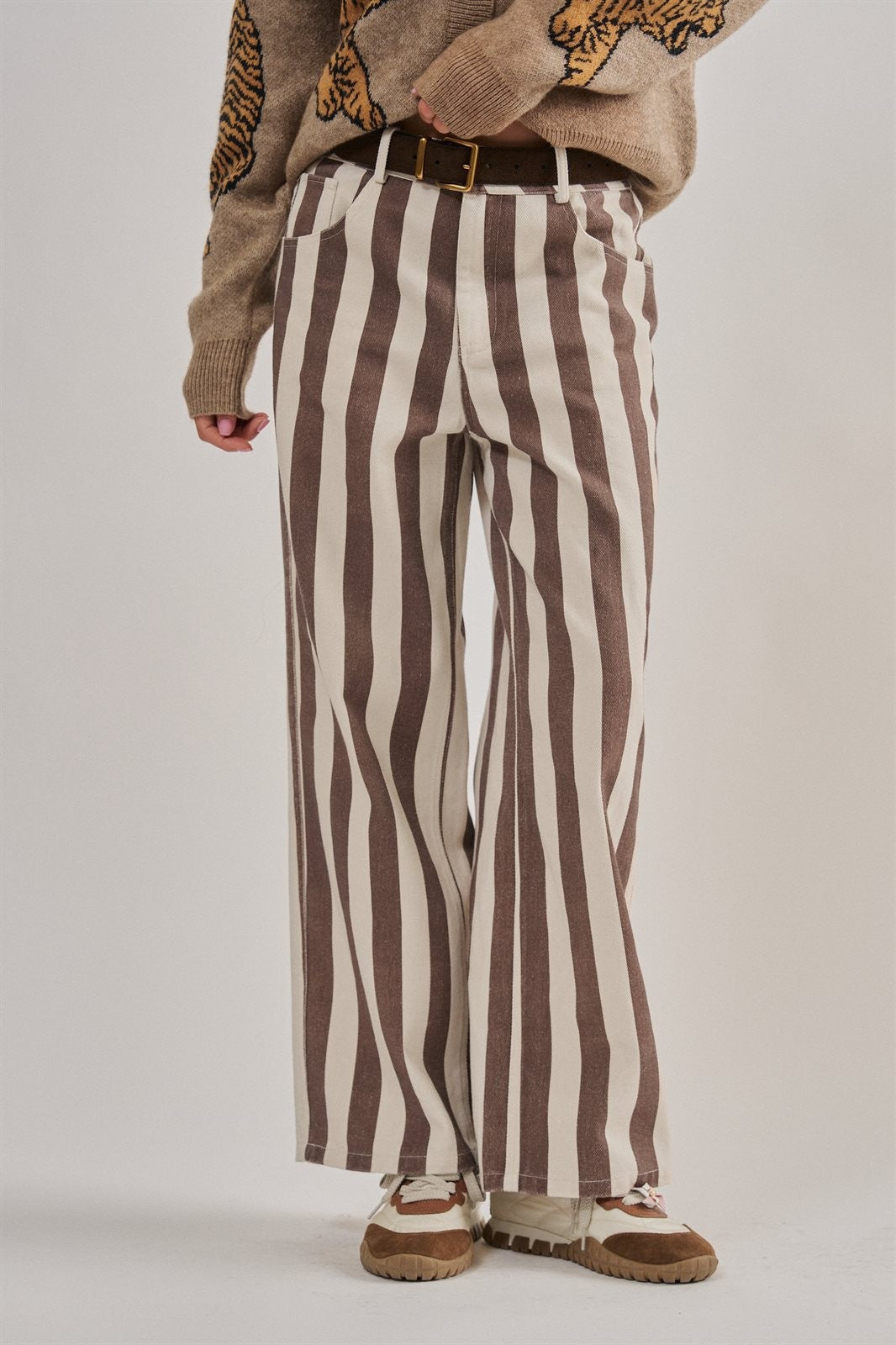 Striped Cropped Wide Leg Denim Pants