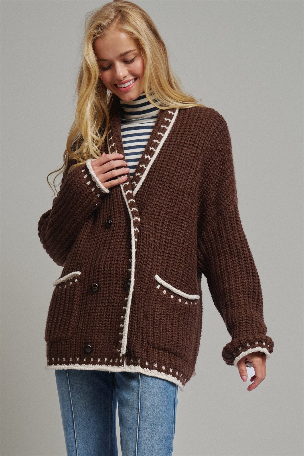 Chunky Knit Cardigan Sweater with Stitch Looks in BROWN - Women's Cardigans & Shrugs | Urban Daizy