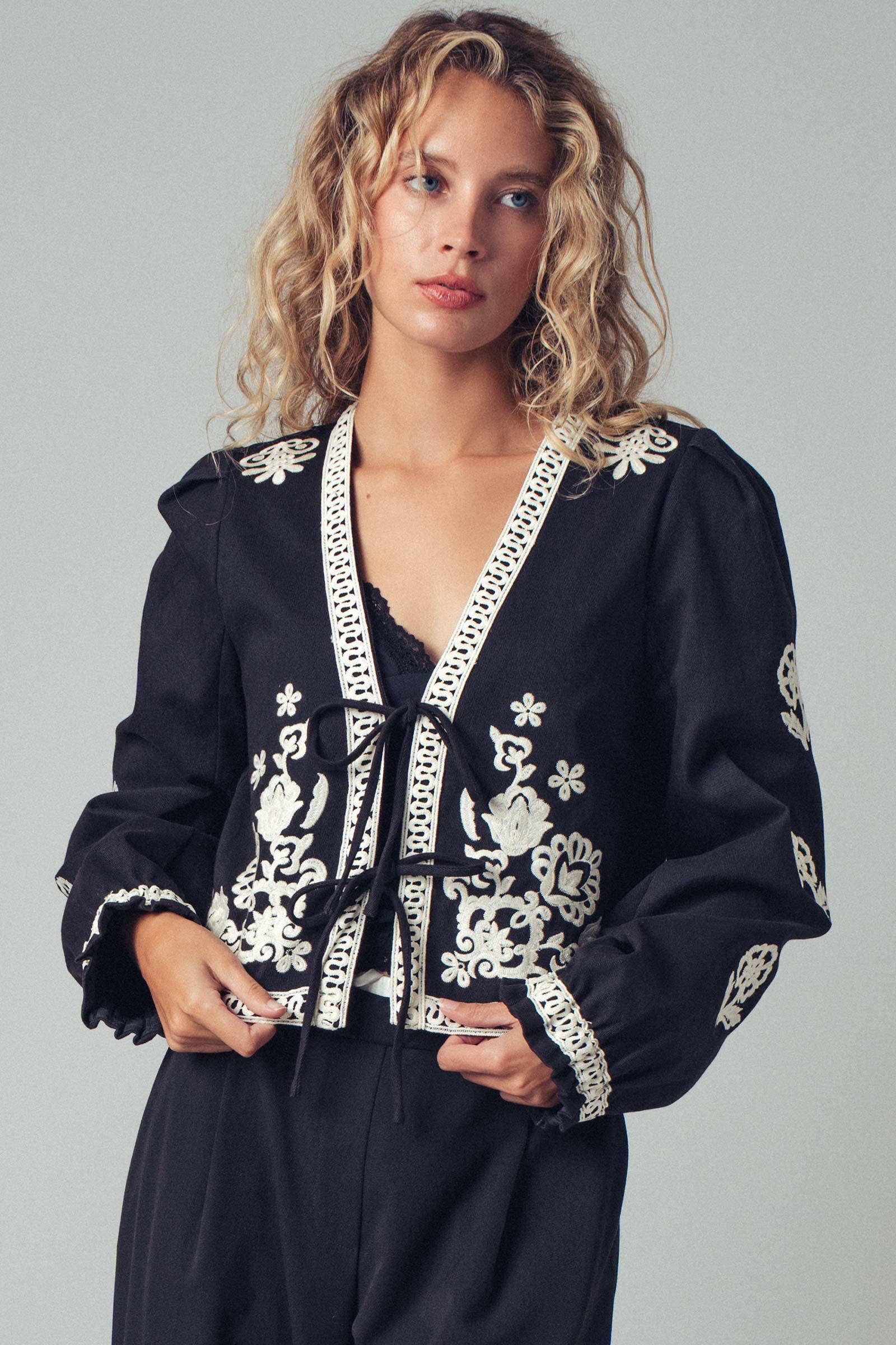 Urban Daizy Embroidered Boho Tie Neck Blouse Ecru Blouse - Women's (UDZ-OT-00357) – alternate view 8
