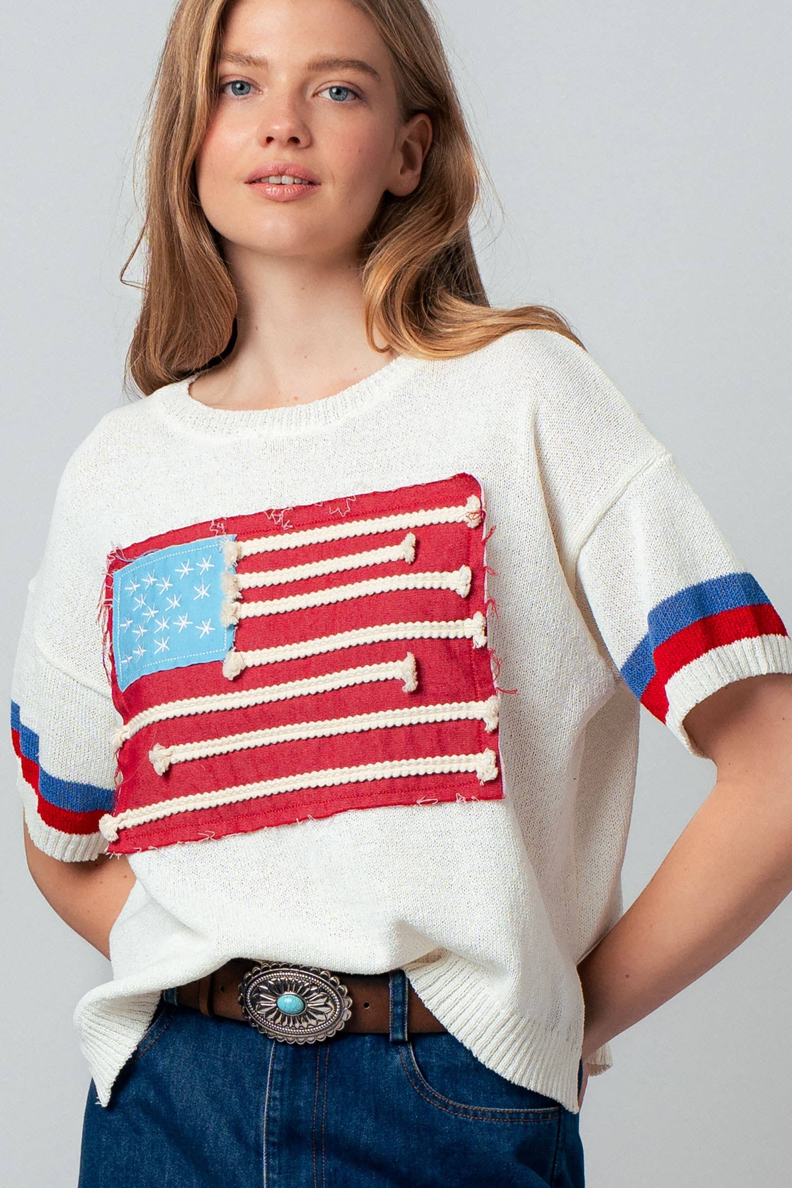 Flag Applique Knit Sweater with Stripe Cuffs