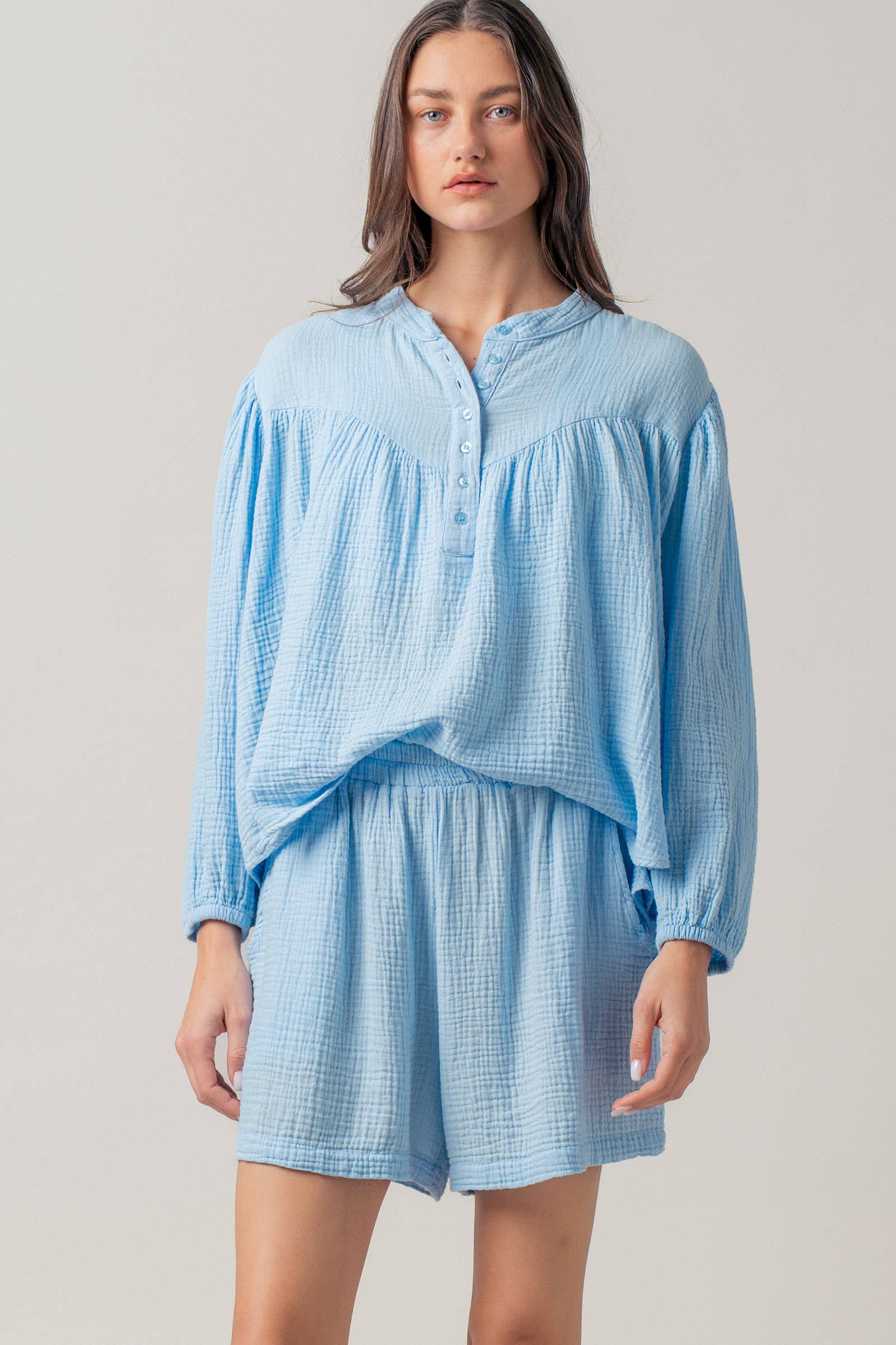 Garment Dyed Cotton Gauze Button Down Top And Shorts Set