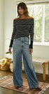 Off-Shoulder Striped Knit Top with Button Cuffs in BLACK - Women's Sweaters | Urban Daizy