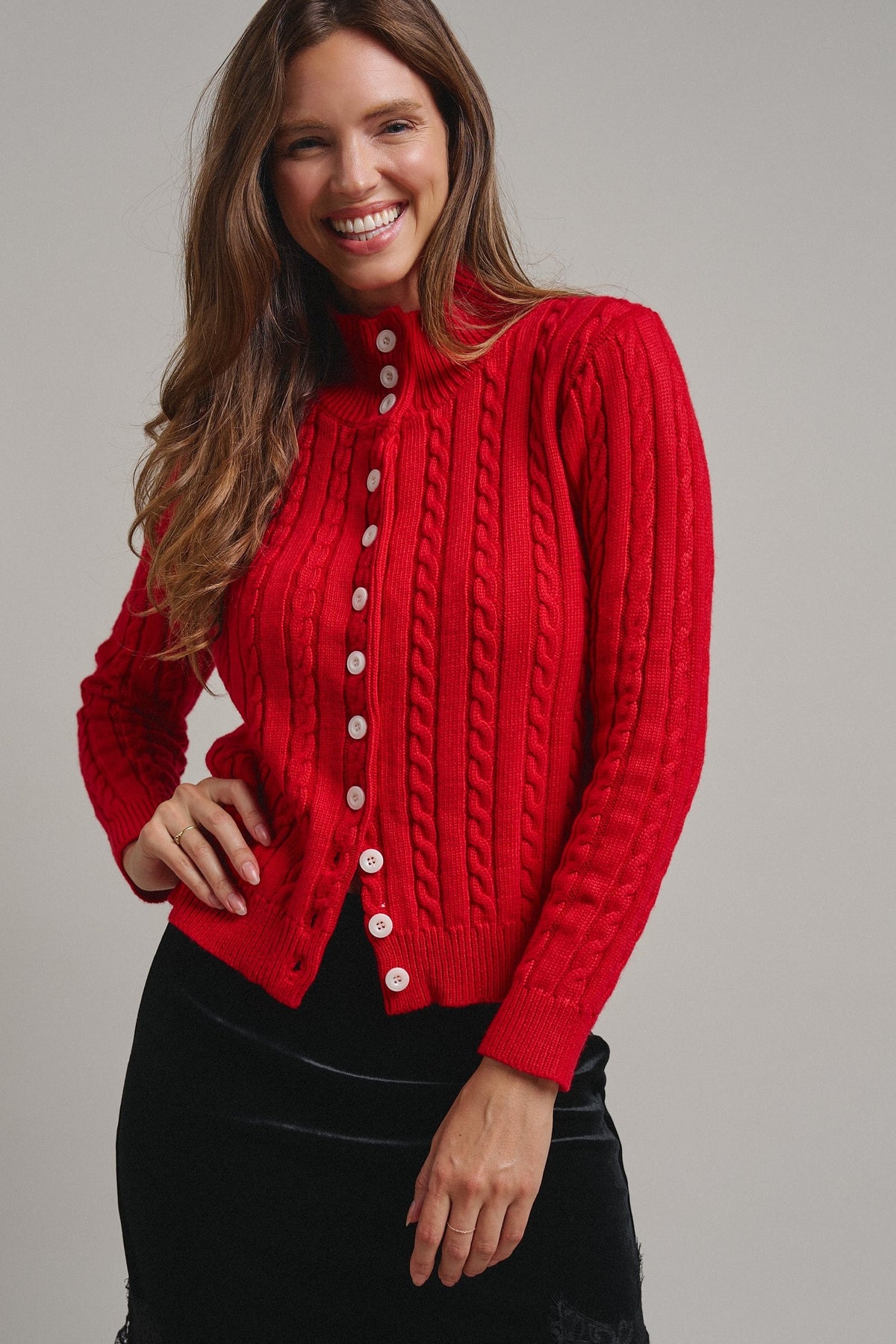Cable Knit Mock Neck Button-Front Cardigan in RED - Women's Sweaters | Urban Daizy