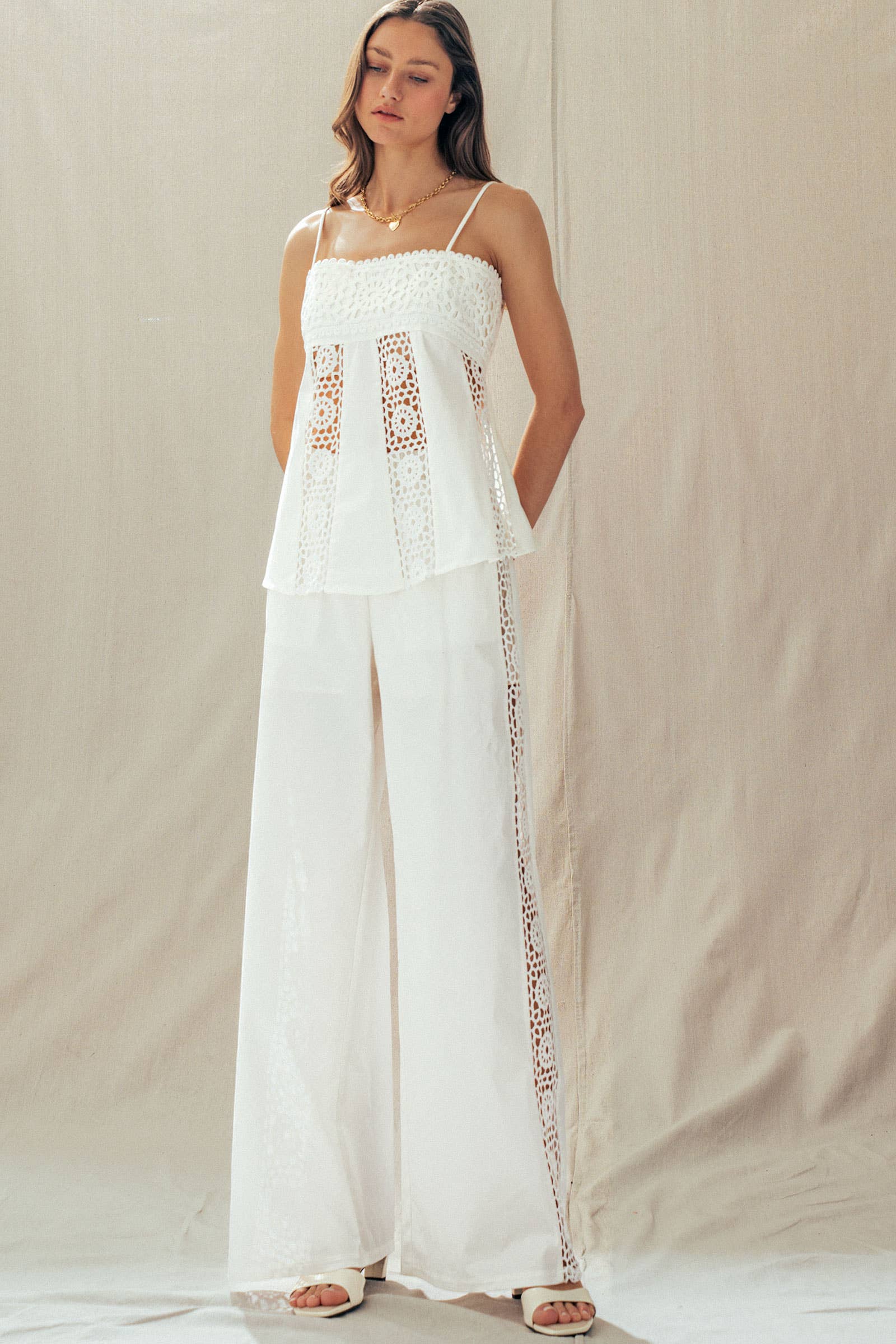 Cotton Eyelet Two-Piece Set Peplum Cami & Pants