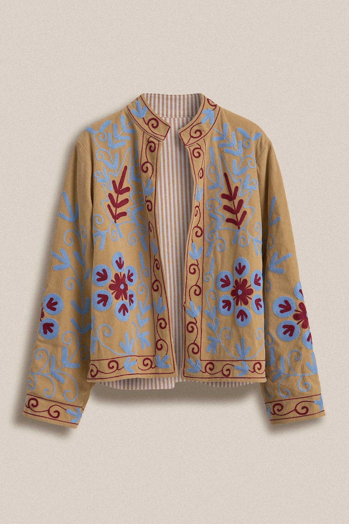 Embroidered Corduroy Jacket with Folk Floral Scroll in KHAKI - Women's Jackets & Blazers | Urban Daizy