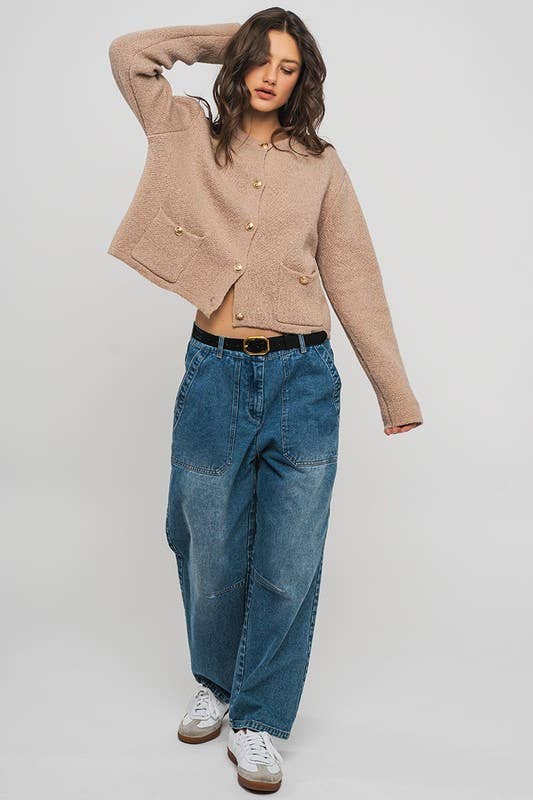 Urban Daizy Textured Button Front Cropped Knit Cardigan Beige Knit Top - Women's (UDZ-TP-00751) – alternate view 13