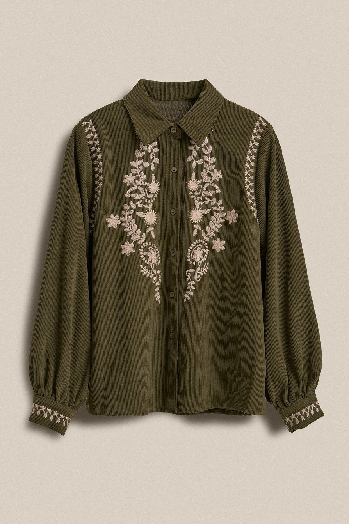 Embroidered Corduroy Western Shirt with Floral Stitch in OLIVE - Women's Shirts & Blouses | Urban Daizy
